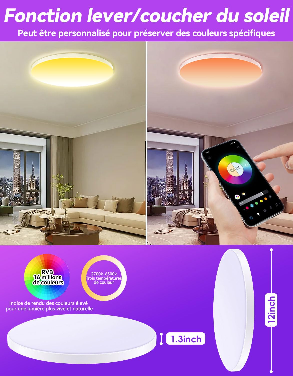 led plafonnier connecté compatible Alexa 30W plafonnier led chambre 16 millions couleurs plafonnier led dimmable , lampe connectée alexa Couleurs DIY 2700K-6500K Contrôle APP salon, coucher, cuisine
