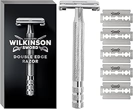 Wilkinson Sword Classic Premium - Vintage Chrome Steel Men's Shaver + 5 Double Edge Razor Blades, Classic Manual Shaving, Grey