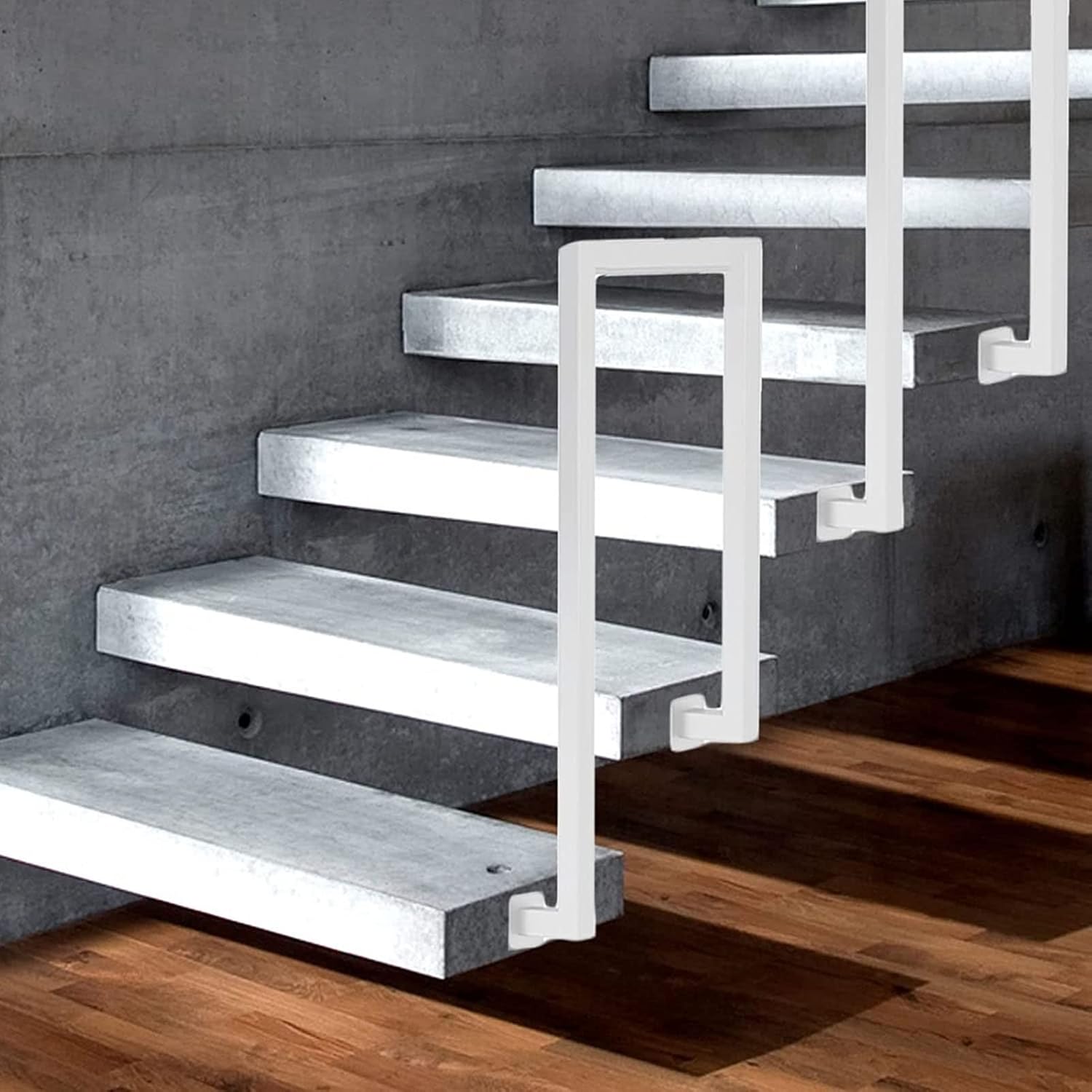 Side Mount Stair Railing Handrail, Square Tube Hand Rails for Indoor Or Outdoor Use, Non-Slip Industrial Galvanized Steel Pipe, Transitional Handrail Picket with Installation Kit (Color : White, Siz