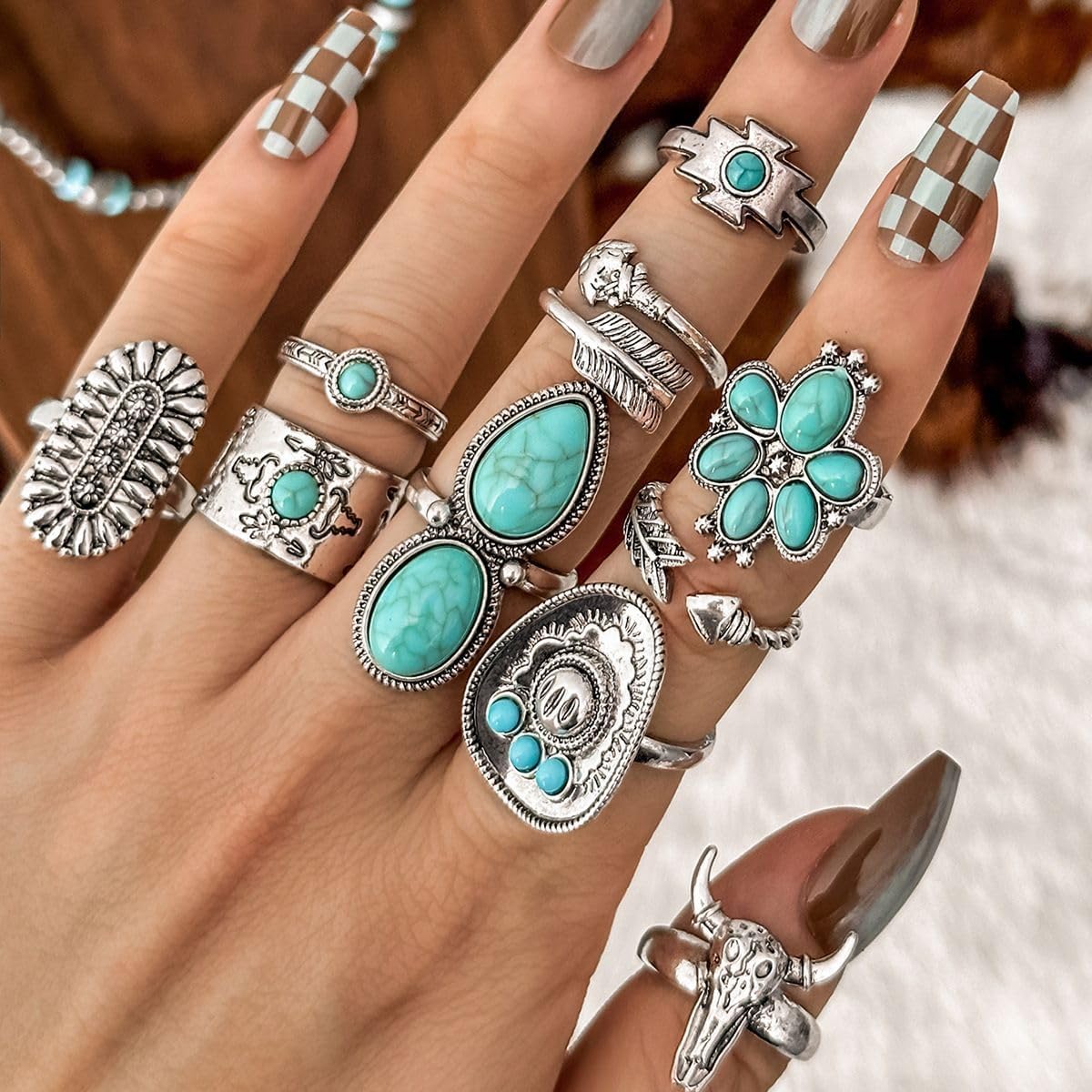 Western Turquoise Rings for Women Bohemian Stackable Turquoise Rings Set Vintage Statement Knuckle Ring Western Country Cowboy Cowgirl Jewelry Outfit Accessories image 2