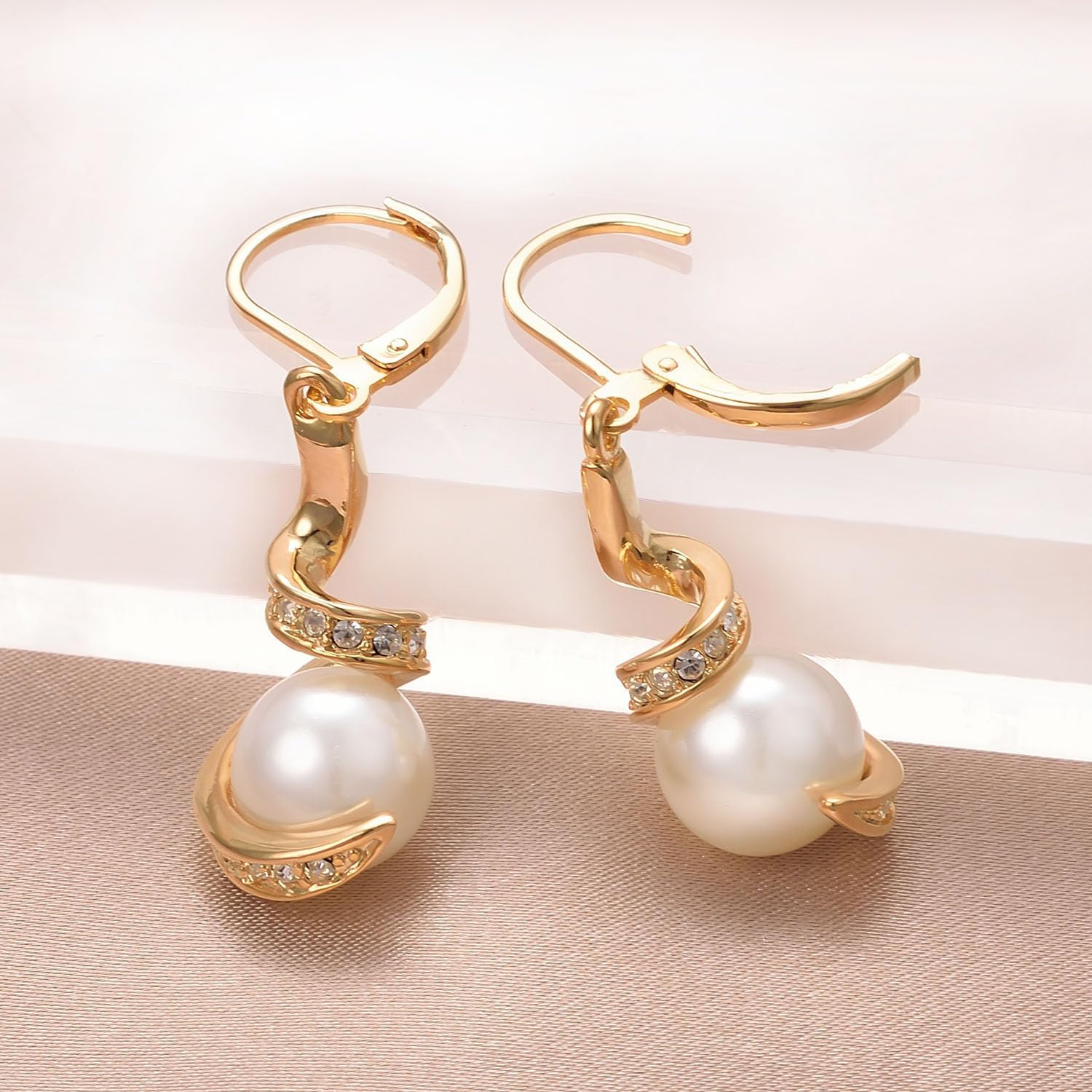 Dainty Pearl Leverback Dangle Earrings for Women 18K Gold Plated Rhinestone Hoop Drop Earrings Women Dangling Jewelry - Image 5