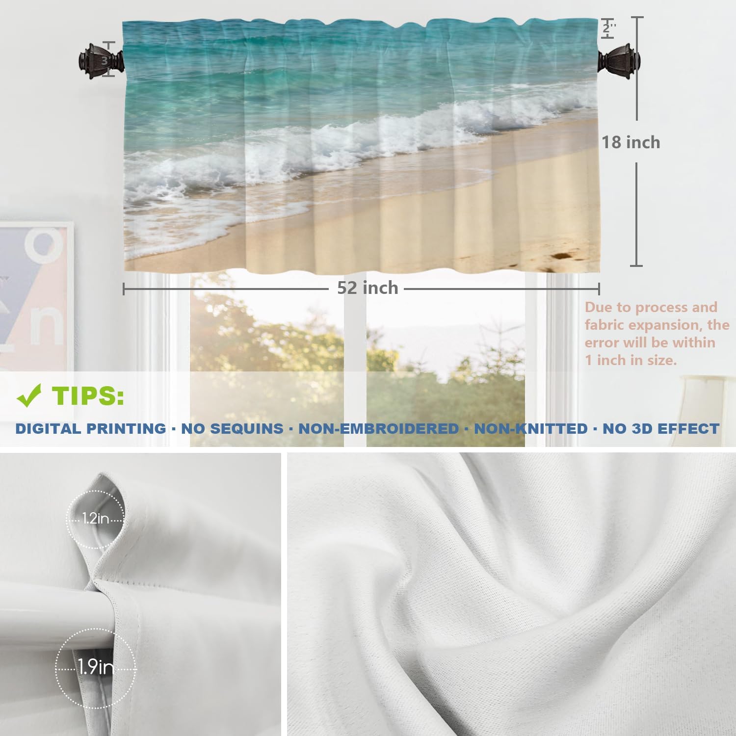 Shrahala Blue Ocean Beach Sea Kitchen Valances, Australian Shore Wave Tropical Sand Sky Half Window Curtain Window Treatment Multilayer Polyester Blackout for Living Room Bathroom 2 Pack 52 x 18 in