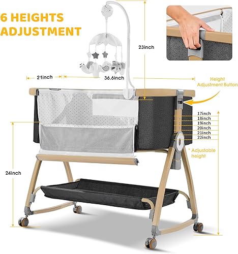 Miniatura 7 de Moisés de noche, moisés, cuna mecedora, cuna portátil 3 en 1 con colchón, móvil, mosquitera, cesta de almacenamiento, cuna ajustable de 6 alturas