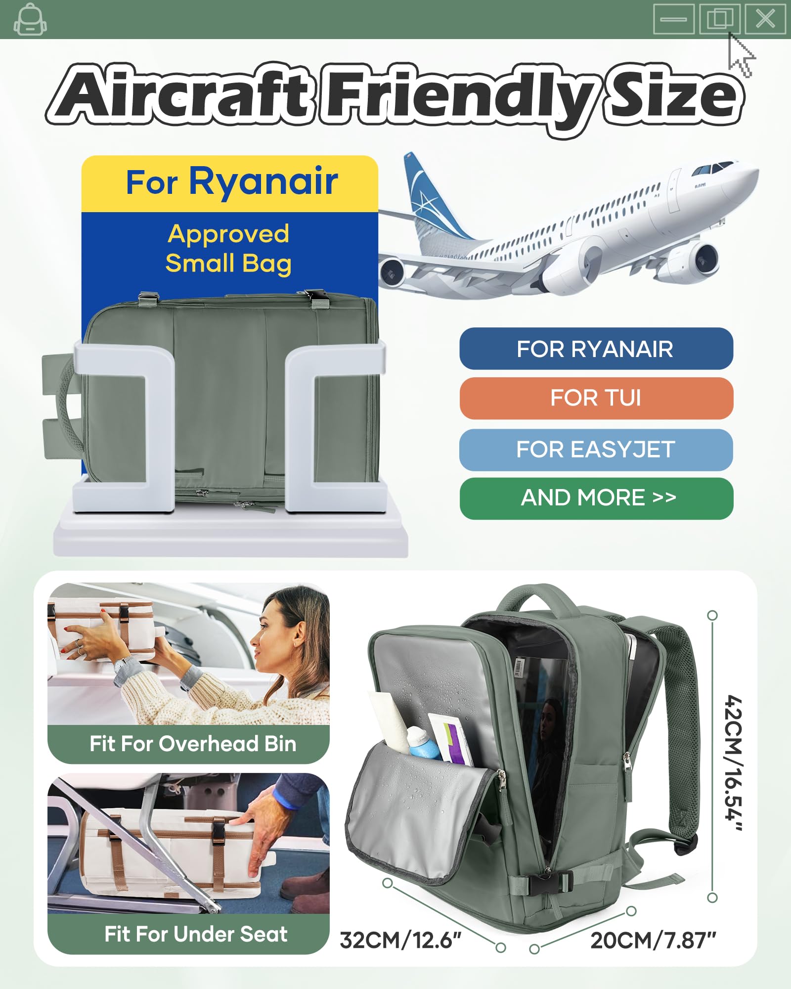 SZLX Zaino Ryanair 40x30x20 Sottovuoto Zaino da Viaggio 40x30x20 Wizzair Donna da escursionismo sportivo impermeabile Zaino Casual Laptop da 14 Pollici con porta di ricarica USB Scomparto per Scarpe