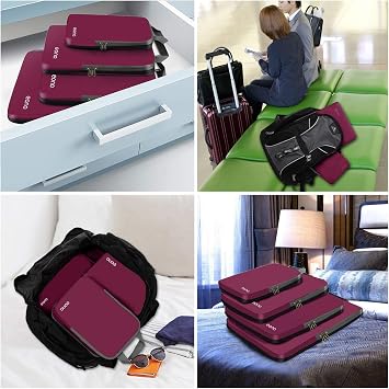 Eono Compression Packing Cubes, Luggage Organiser Set, Extensible Suitcase Organiser, Packing Organisers for Suitcases, Packing Cubes for Travel or Home Storage - Burgundy, 3 Set