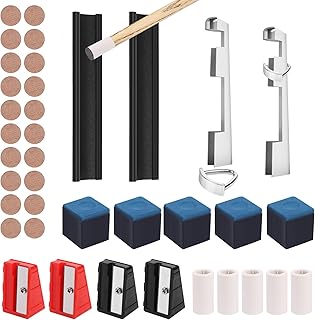 Vefungyan Billiard Pool Cue Repair Kit: 2 Pool Cue Tip Clamp 20 Billiard Cue Tips 4 Shaper 5 Chalk Cubes 5 Pool Cue Repairers 2 Planers
