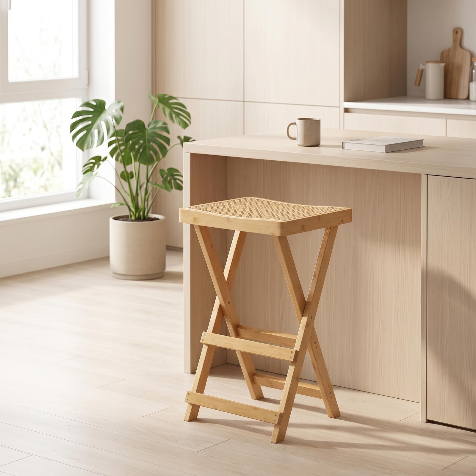 LOVIVER Tabouret Bar en Bambou Pliable avec Assise en Rotin Tressé pour Cuisine Îlot et Espace Repas Confortable et Léger