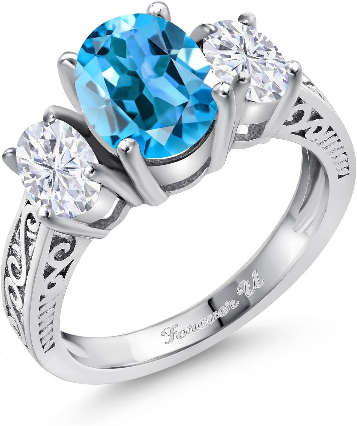 Gem Stone King Customized Personalized Engraved 3-Stone Ring For Women | 925 Sterling Silver | Gemstone Birthstone | 3 Stone Wedding Engagement Anniversary Promise Ring For Women