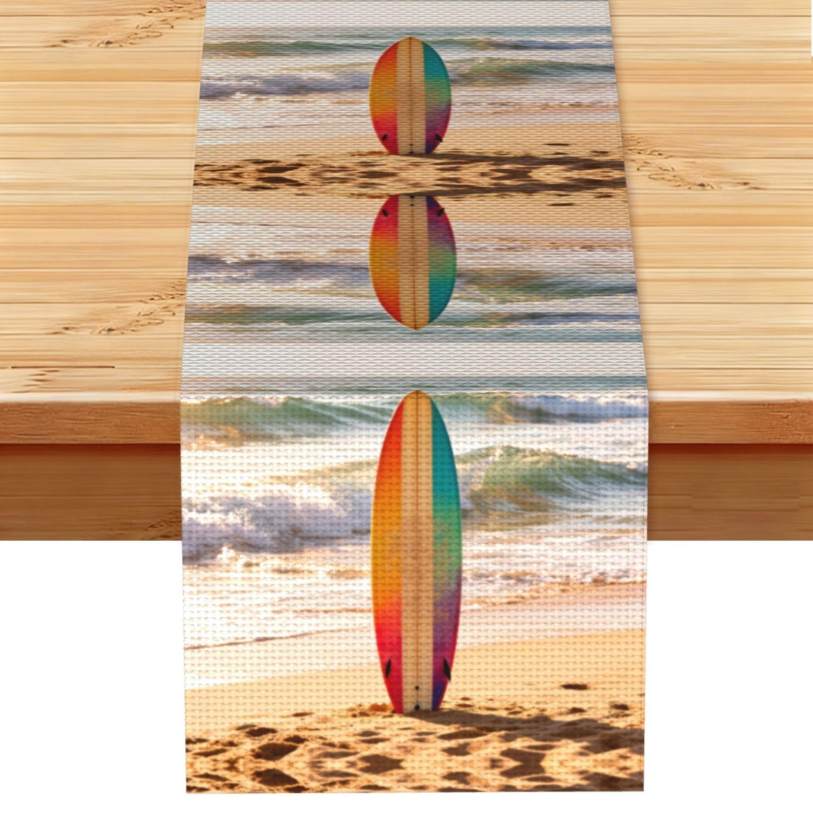Surfboard Wave Beach Linen Look Table Runner 13x72-Wrinkle Resistant Farmhouse Style for Dining Table Decor
