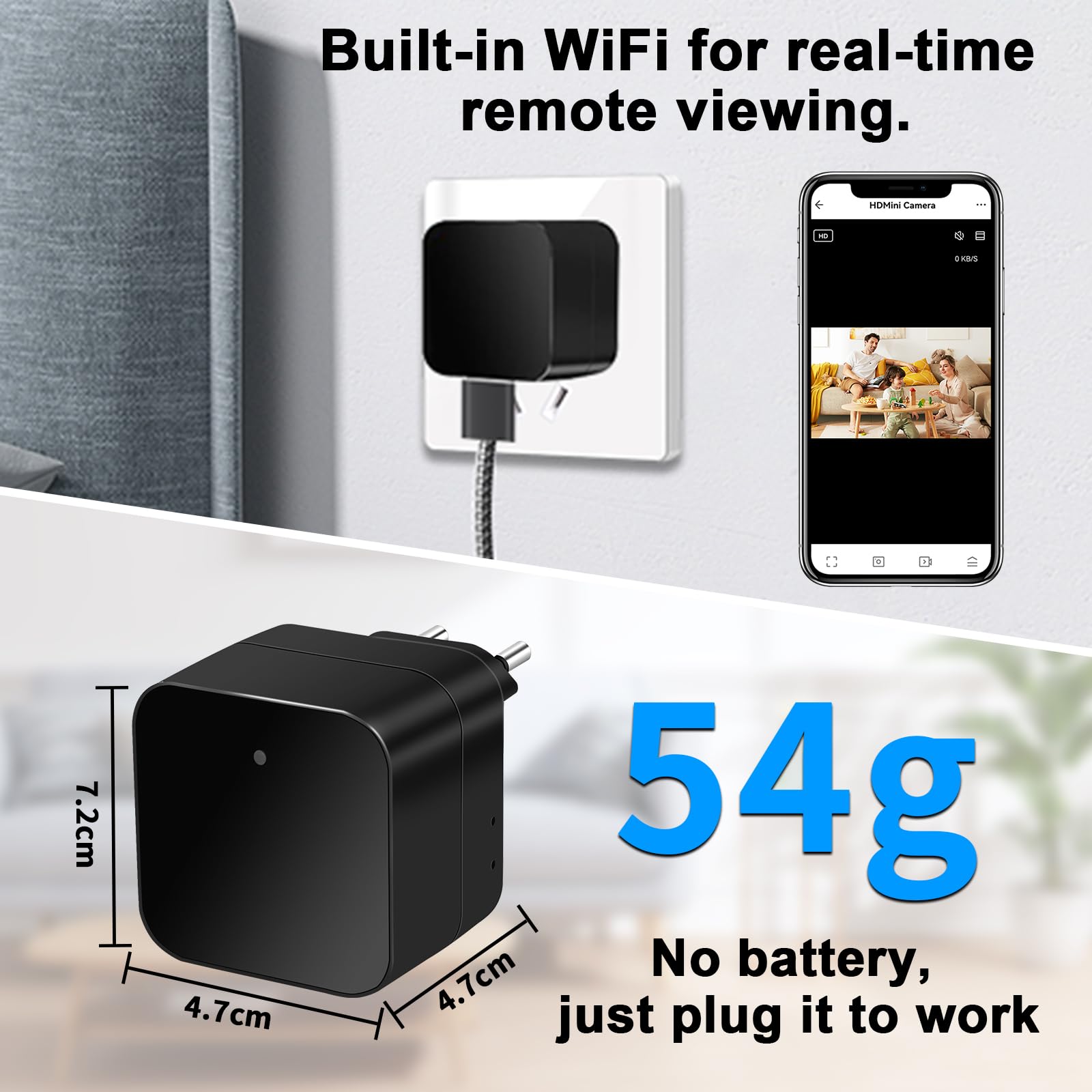 LXMIMI Ukryta kamera Wi-Fi 5G, ukryta kamera WiFi z ładowarką USB | Mini kamera szpiegowska z wykrywaniem ruchu, nagrywanie w pętli, Wi-Fi 2.4 i 5G, aplikacja Tuya, standardy europejskie