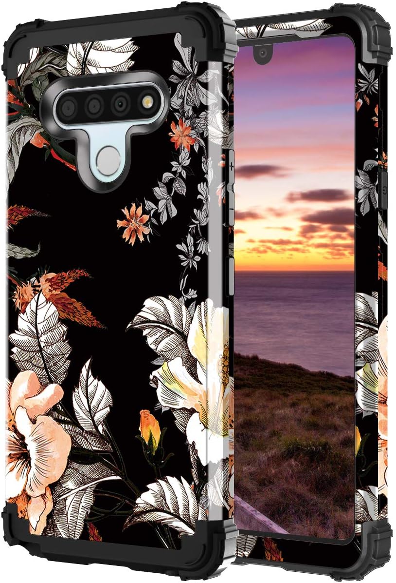 Casetego Compatible with LG Stylo 6 Case,Floral Three Layer Heavy Duty Sturdy Shockproof Full Body Protective Cover Case for LG Stylo 6,Orange Flower/Black.