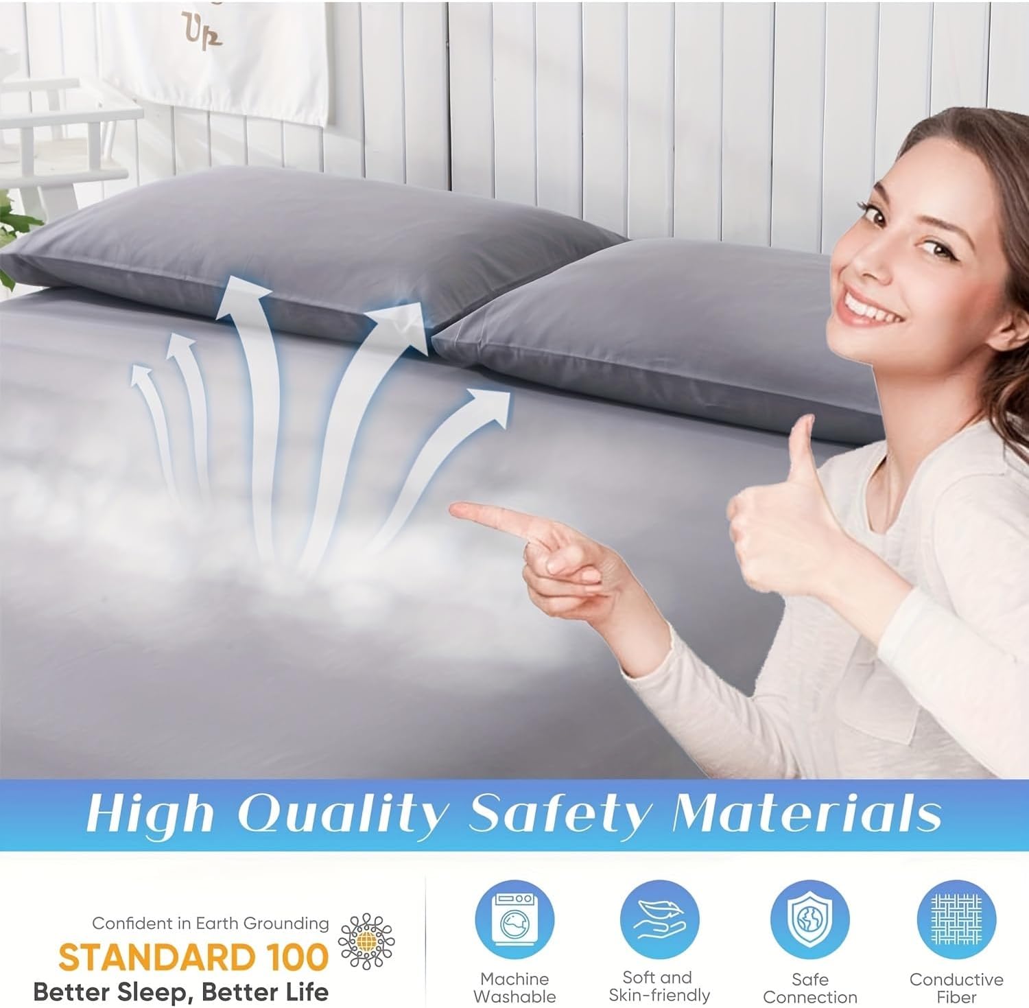 Grounding Sheets, 95% Organic Cotton + 5% Silver Fiber, Earth Connected Fitted Sheet with Grounding Cord (Gray, Twin XL)