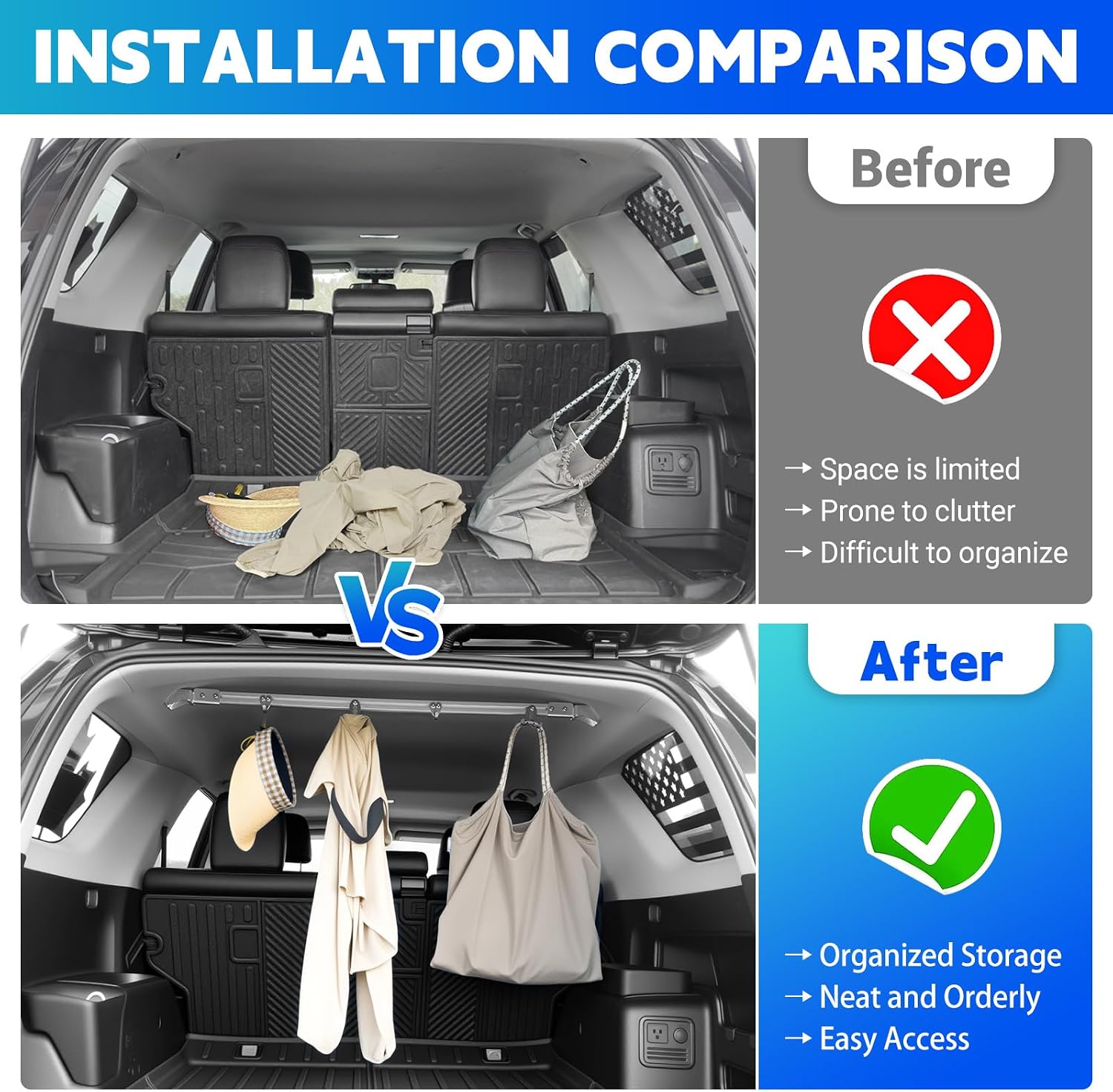 Car Clothes Hanging Rod Fits for 2010-2024 Toyota 4Runner No-Drill Slider Hanger Bar Trunk Clothes Rack Customized for 4Runner Accessories Heavy Duty Travel Companion Trunk Organizer