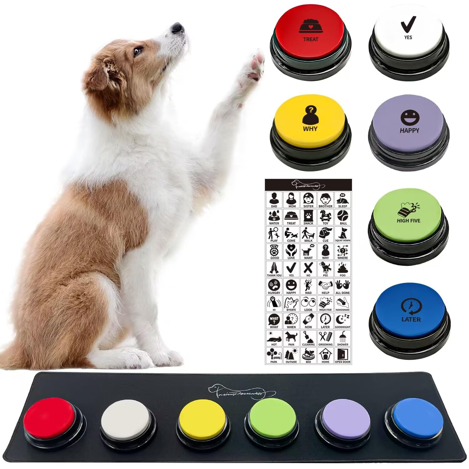 RIBOSY Set of 6 Recordable Buttons with Rubber Mat and 50 Training Stickers, Dog Buttons for Communication - Record& Playback Your Own Voice to Train