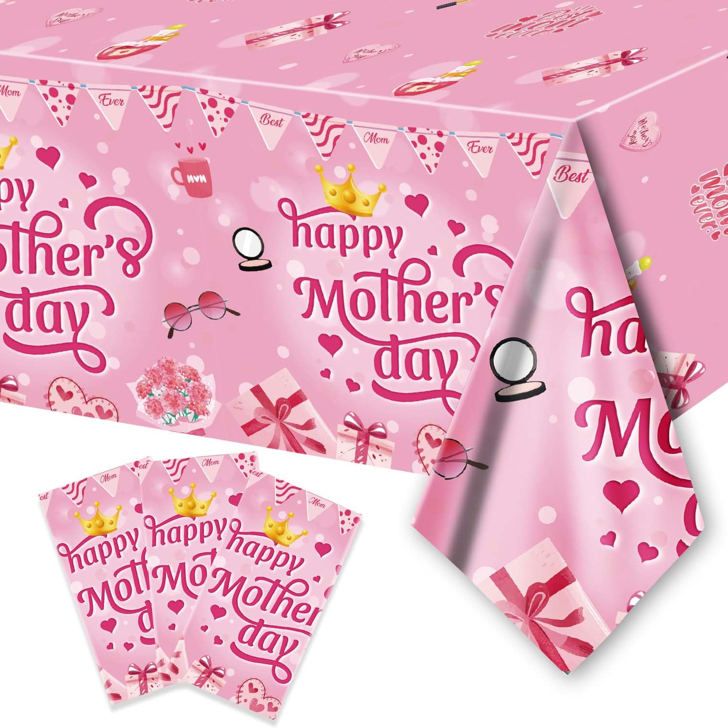 parsup 3 pack mothers day disposable tablecloth - 108" × 54", happy mothers day table cloth best mom ever flower heart tablecover plastic rectangle table cover for dinner party decor