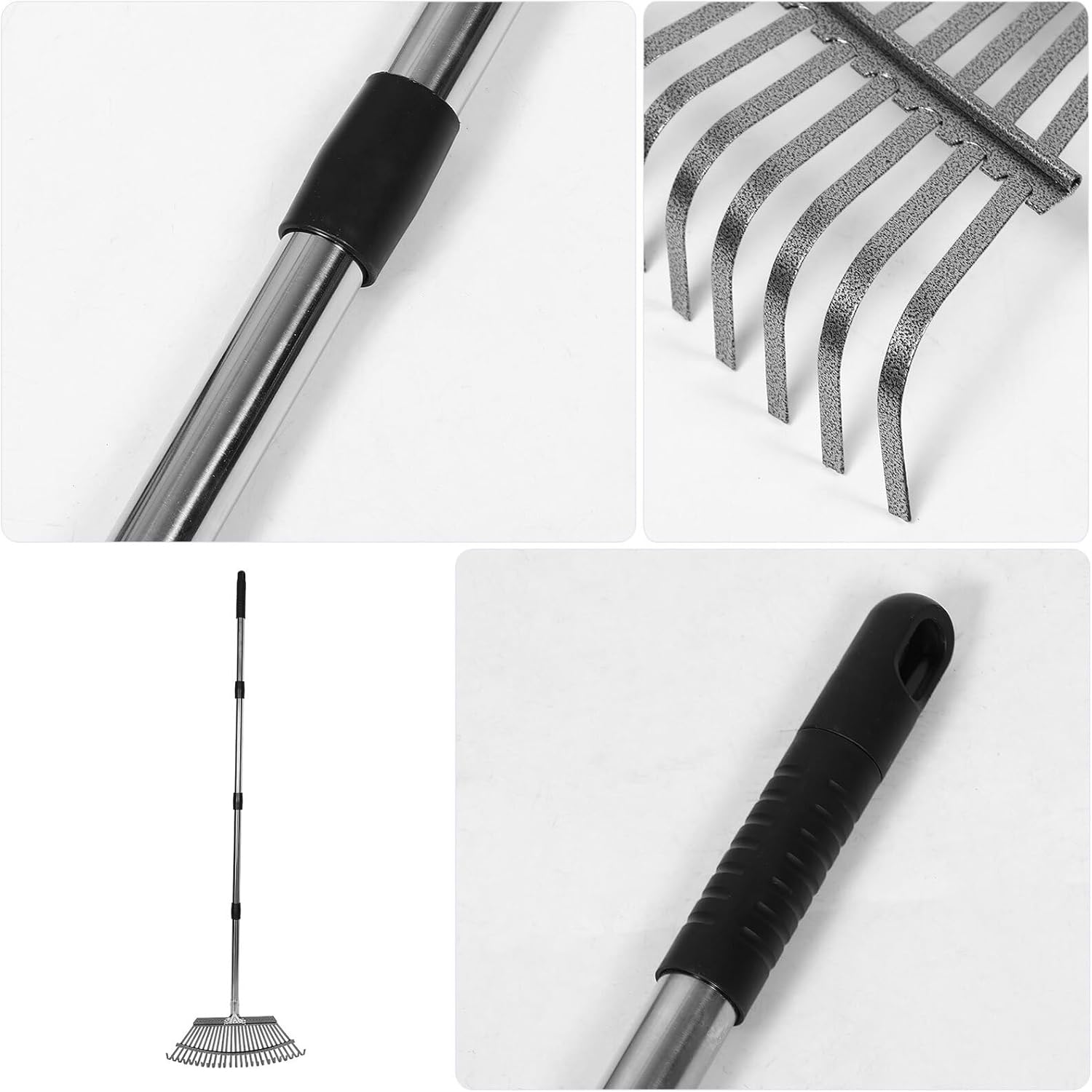25-Tine Stainless Steel Garden Rake with Stainless Steel Handle – Multi-Joint Shrub and Flower Bed Rake for Yard Weeding and Leaf Gathering in Small Garden Areas