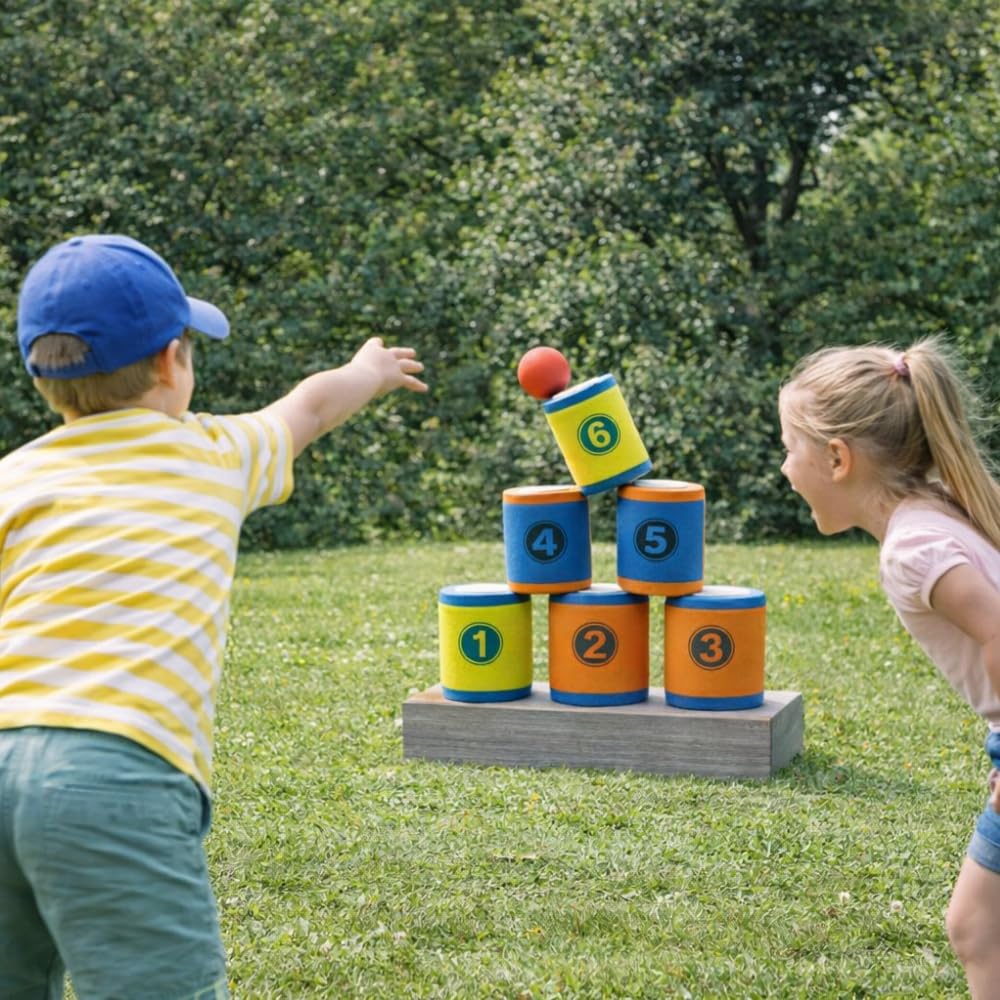 SHOP-STORY Jeu de Chamboule Tout en Mousse, Jeu d'Adresse avec Balles et Cibles Souples, pour Enfants Dès 6 Ans, Intérieur et Extérieur