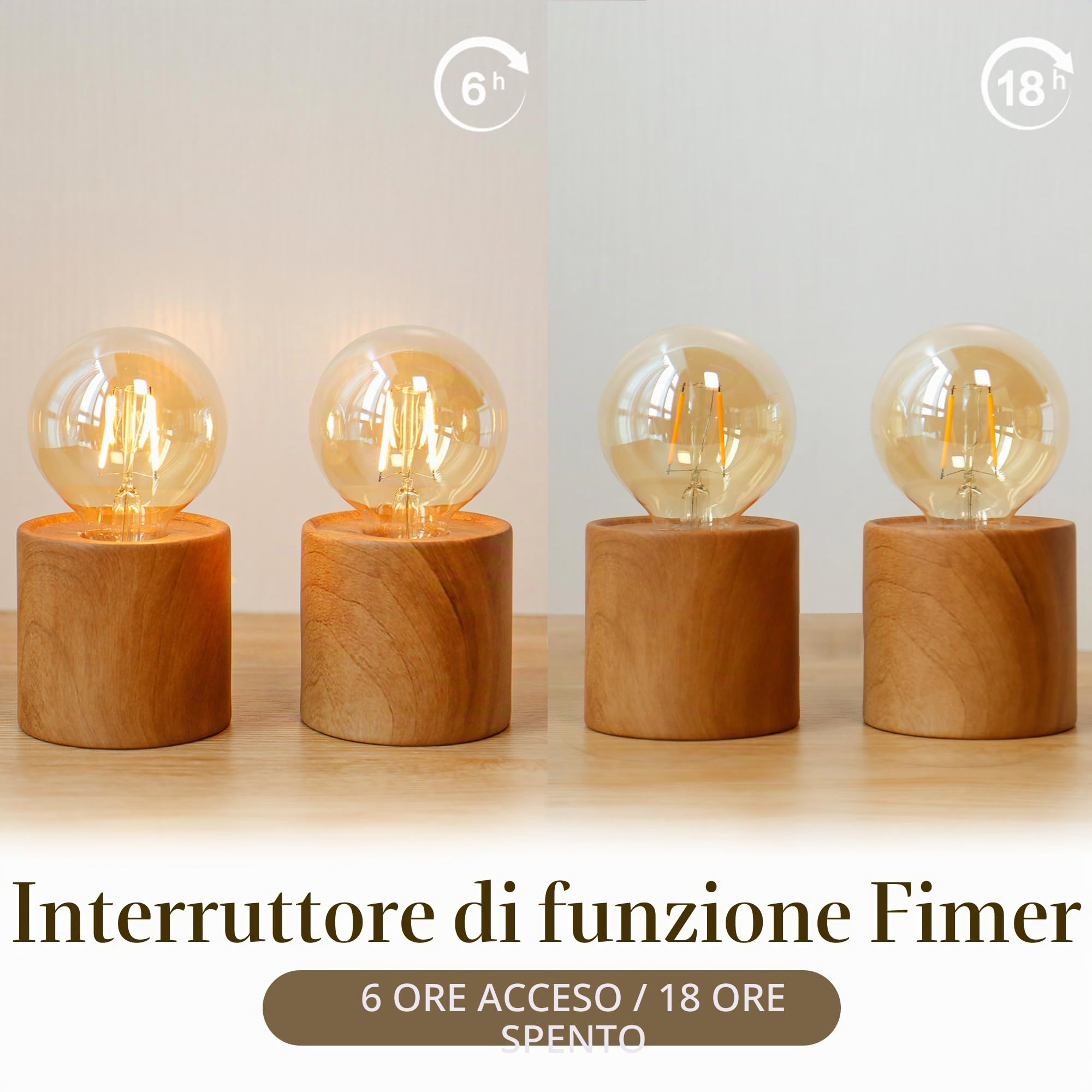 JHY DESIGN Set di 2 lampade da tavolo in legno alte 16,5 cm in ceramica senza fili con lampadina Edison e timer di 6 ore a batteria, ideali per il soggiorno gli interni e gli esterni