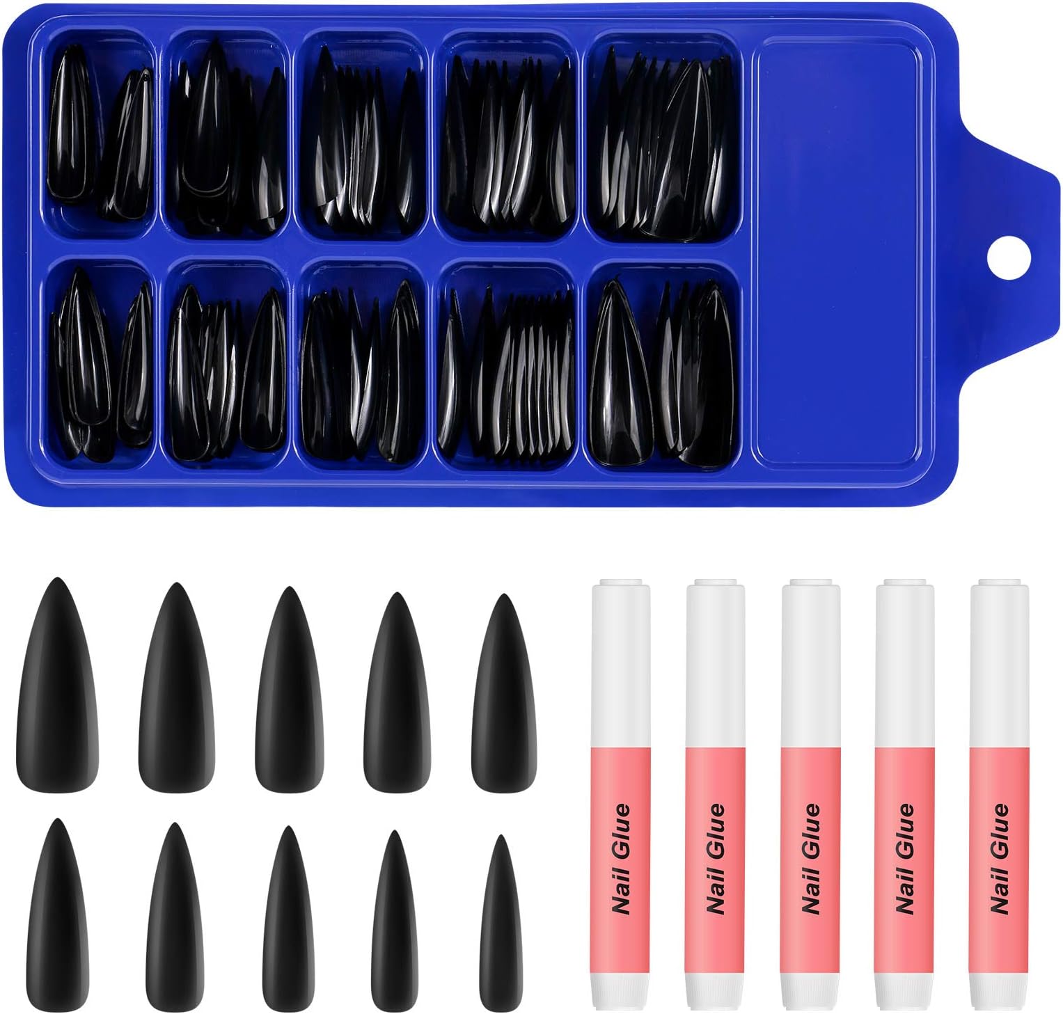 COOLOOKFull Cover Pure Color Acrylic Long Stiletto Fake Nail Tips with 5 Pieces Nail Glues (Black)- 100 Pieces