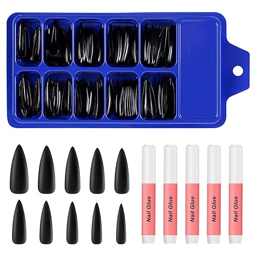 100pcs Black Long Stiletto Fake Nail Tips Full Cover Pure