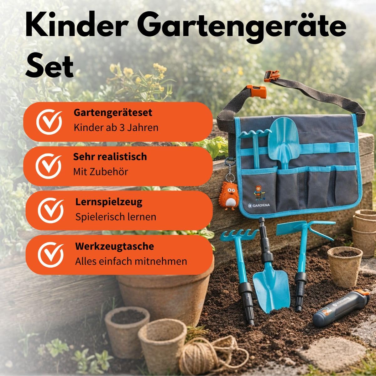 Happy People 16866 Gardena Gartentasche Set mit Gartenwerkzeug für Kinder Gartenspielzeug Outdoor Pflanzen Schaufel Harke Rechen