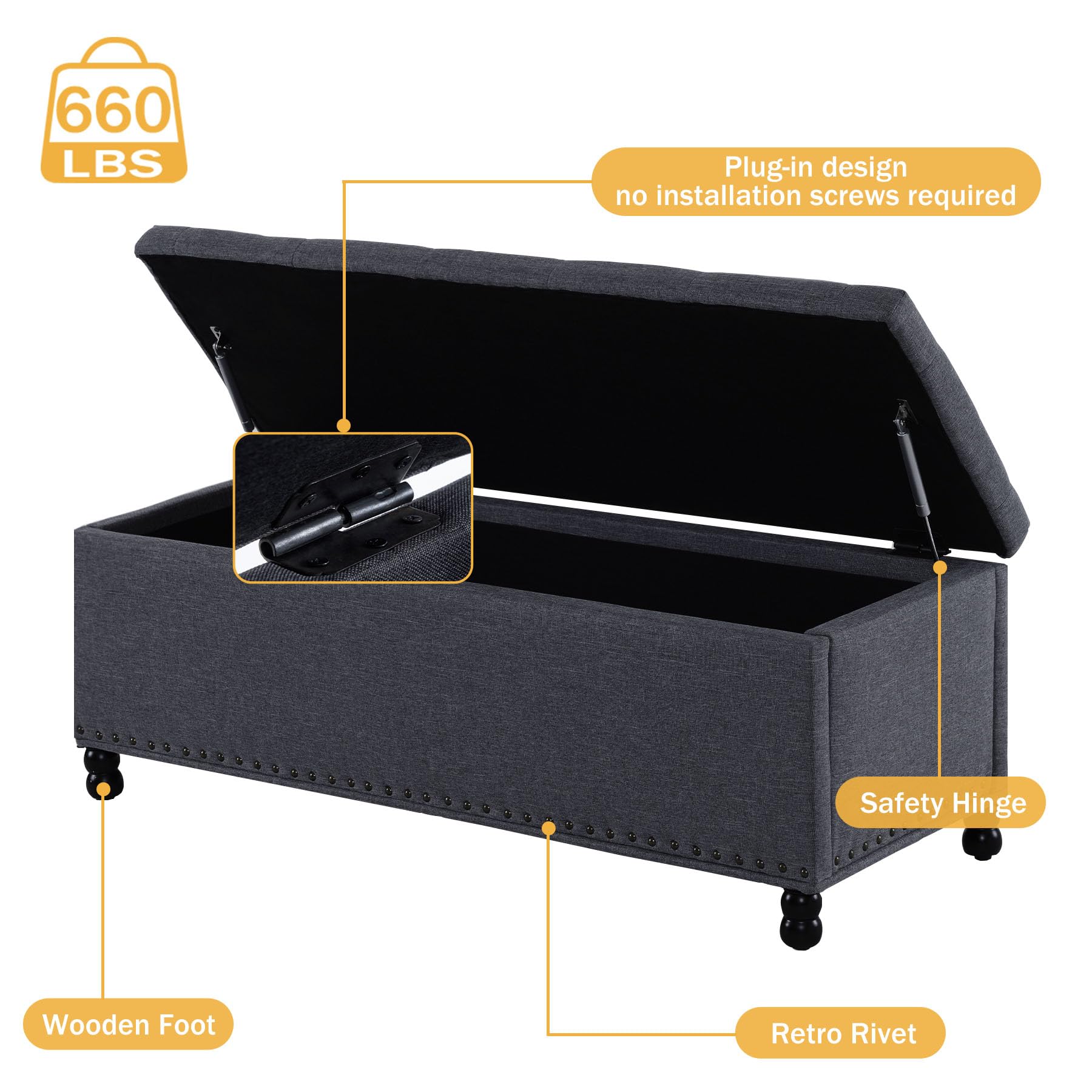 YOUDENOVA Storage Ottoman Bench, 46 Inch Storage Bench Modern Button-Tufted Ottoman Bench with Safety Hinge Upholstered Linen Fabric Decor for Living Room, Entryway, End of Bed Bench (Dark Grey)