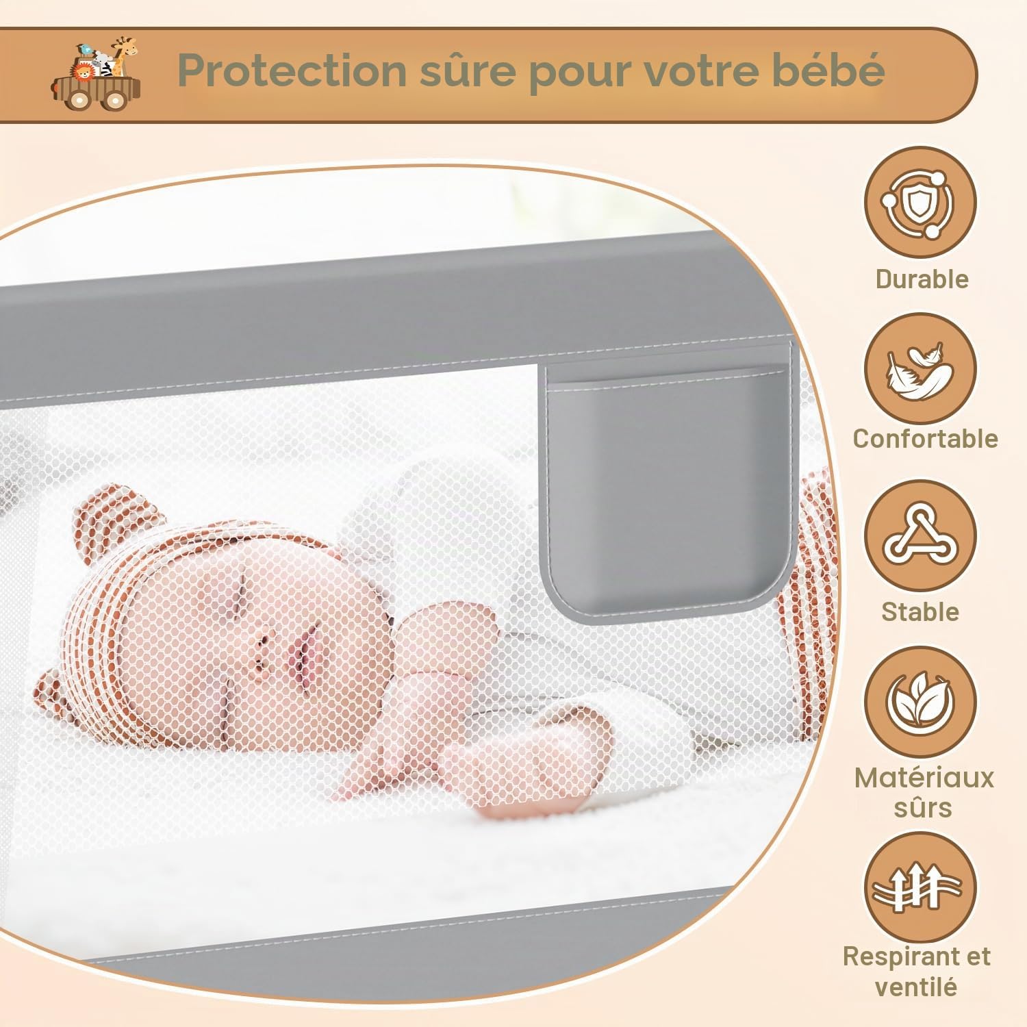 Ikodm Barrière de lit pour enfant - 2 x 200 cm et 1 x 180 cm - Réglable en hauteur de 64 à 96 cm - Protection anti-chute - Barrière de lit pour bébé - Gris