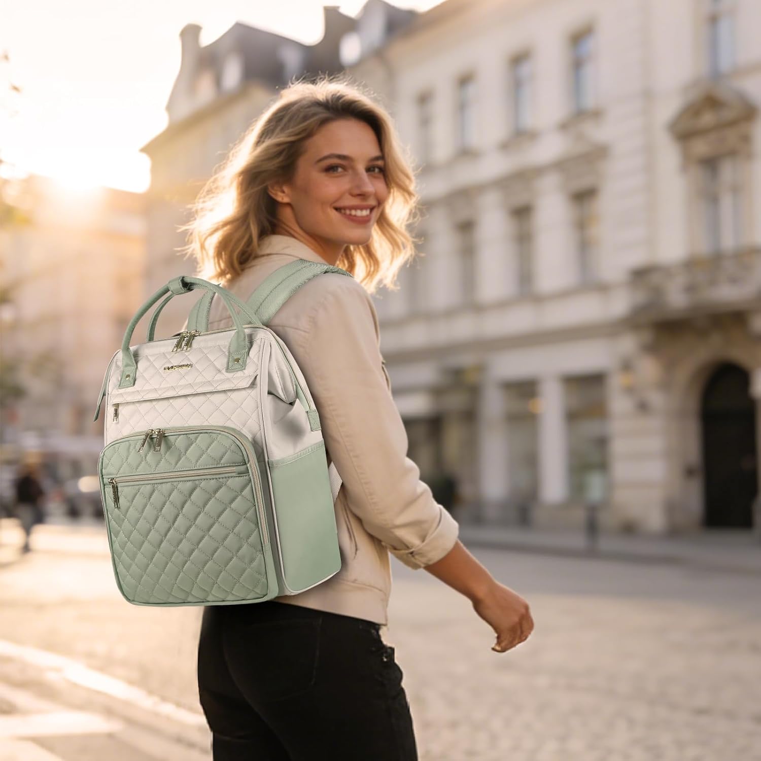 EMPSIGN 17 Inch Laptop Backpack for Women, Work Business Travel Computer College Bags, Large Capacity Water-repellent Quilted Casual Daypack, Beige-Light Green