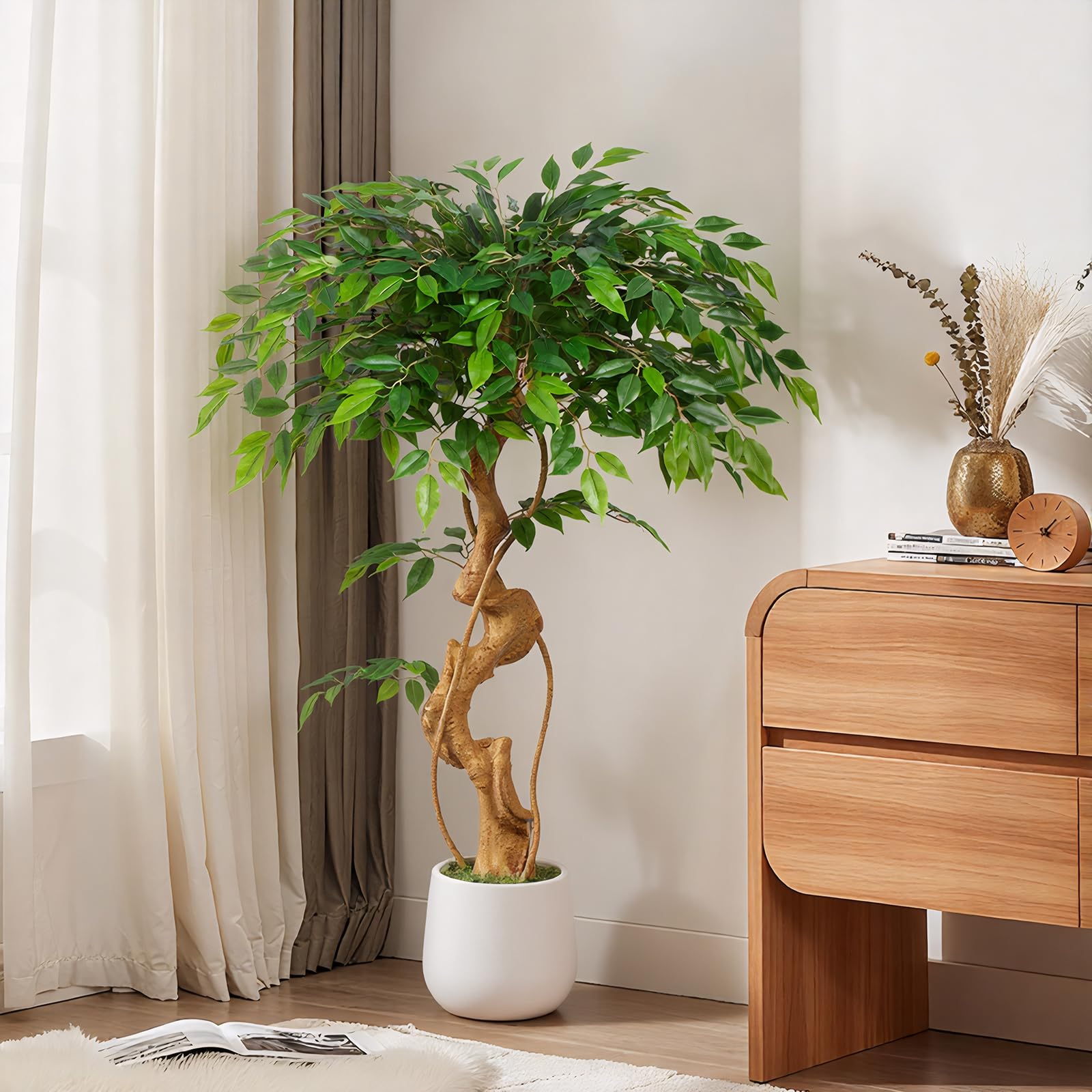 Pianta artificiale, albero di ficus, 120 cm, con vaso bianco, grande come reale, con tronco curvo e 930 foglie, albero artificiale per decorazione di interni, soggiorno, camera da letto