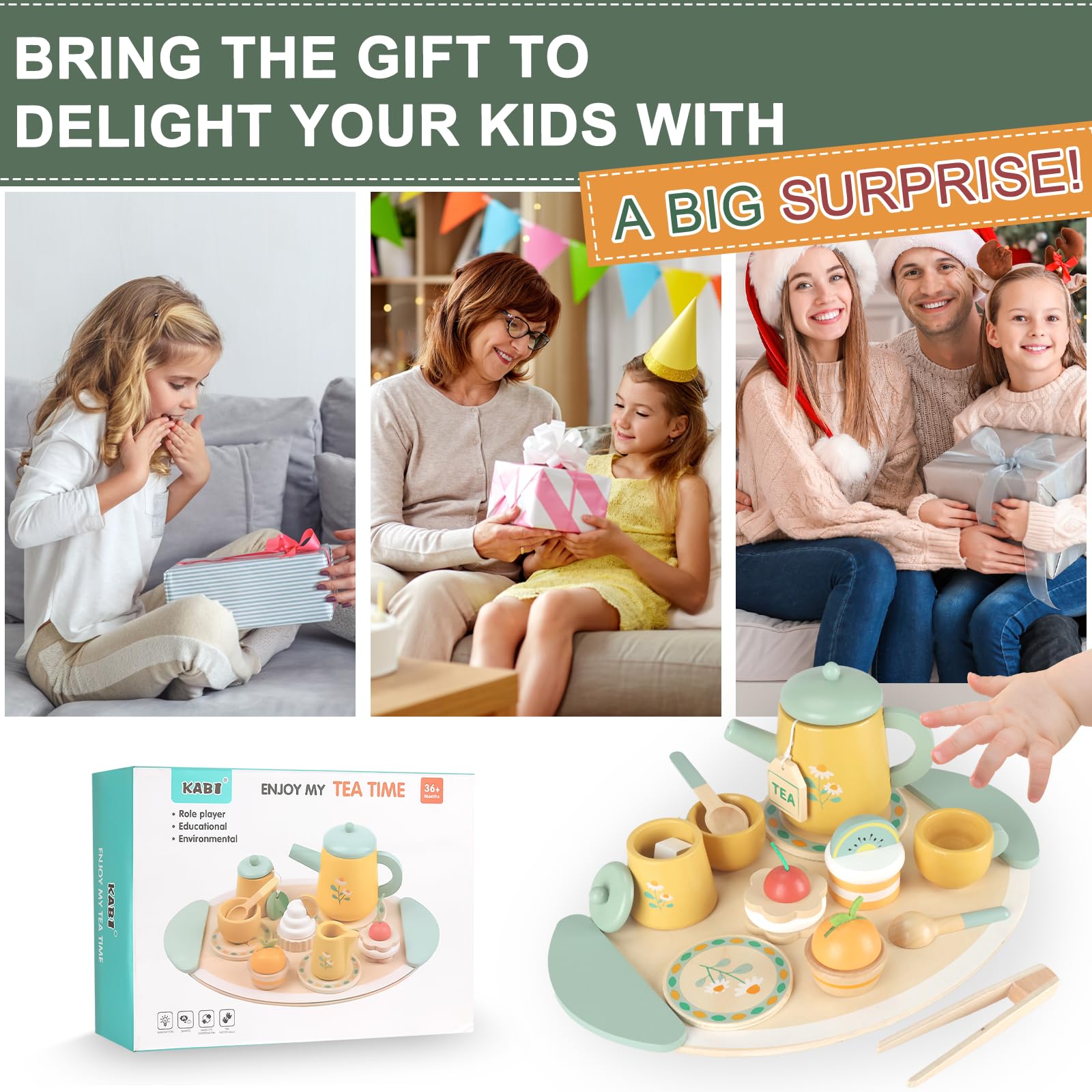 UCAMP Set da Tè in Legno per Bambini - 23pcs Accessori Cucina Giocattolo con Accessori - Regalo per Bambine 3+ Anni