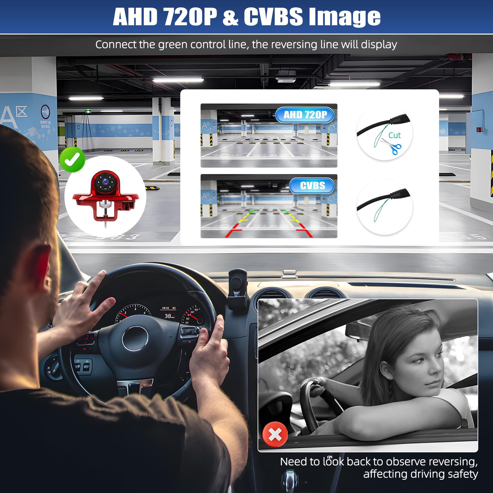 CAMECHO Cámara Trasera con luz de Freno HD con Visión Nocturna IP67 Resistente al agua para Renault Trafic Combo Renault Trafic y Vauxhall Vivaro 2001-2014, luz de freno con gran angular de 140°, 12 V