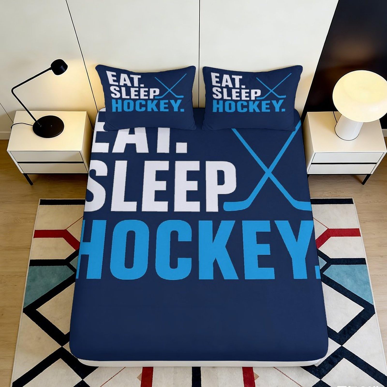 3D Printed Eat Sleep Hockey Fitted Sheet Microfiber Navy Blue Bed Cover for Bedroom Guest Room Dorm Protection Decor 90x200x25cm