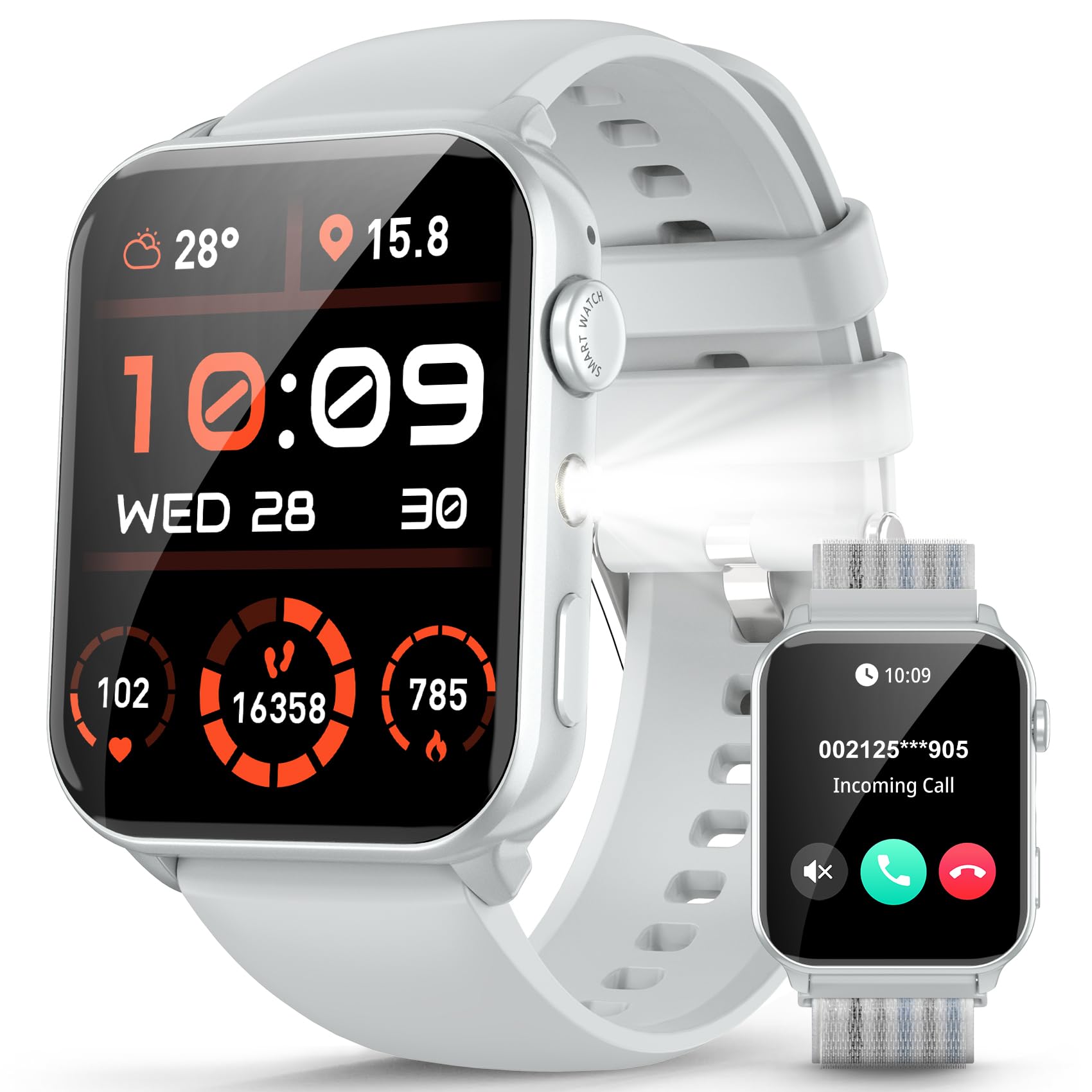 IOWODO Smartwatch Uomo Donna con Torcia LED, Chiamate Bluetooth,1.91" Schermo, Monitoraggio Cuore/SpO2/Sonno 24H,100 Modalità Sport, Fitness Tracker, IP68 Impermeabile, 2 Cinturini, per Android iOS