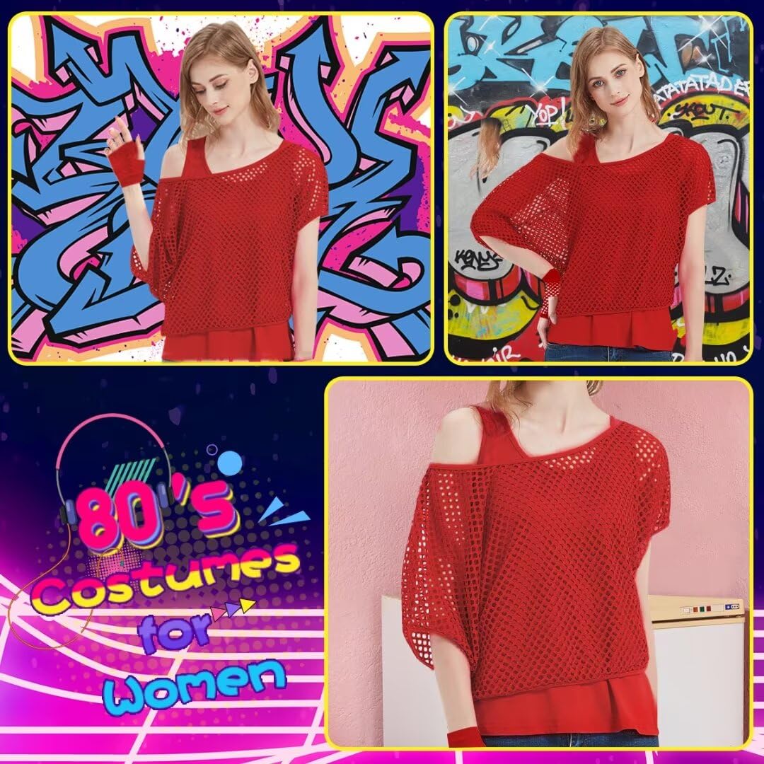 WILDPARTY Maglietta da donna casual sexy anni '80 costumi a rete neon con spalle scoperte