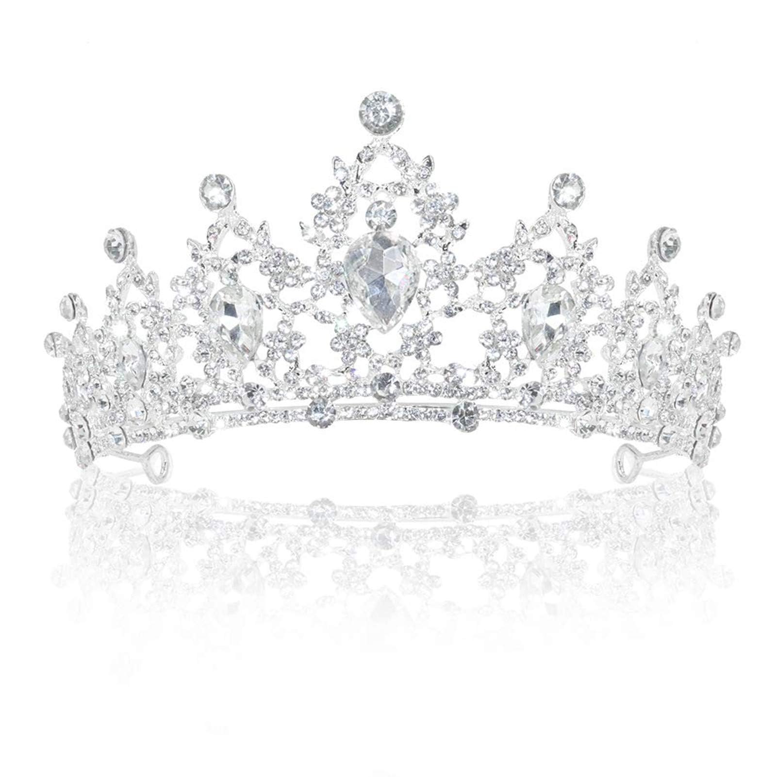 Delleu Tiara de boda de cristal con diamantes de imitación, tiara de corona, peine, concurso de princesa, corona de plata, 2