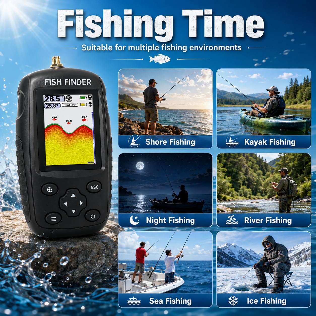 Localizador de Peces portátil de Mano Sensor de Sonar inalámbrico Localizador de Profundidad para entusiastas de la Pesca