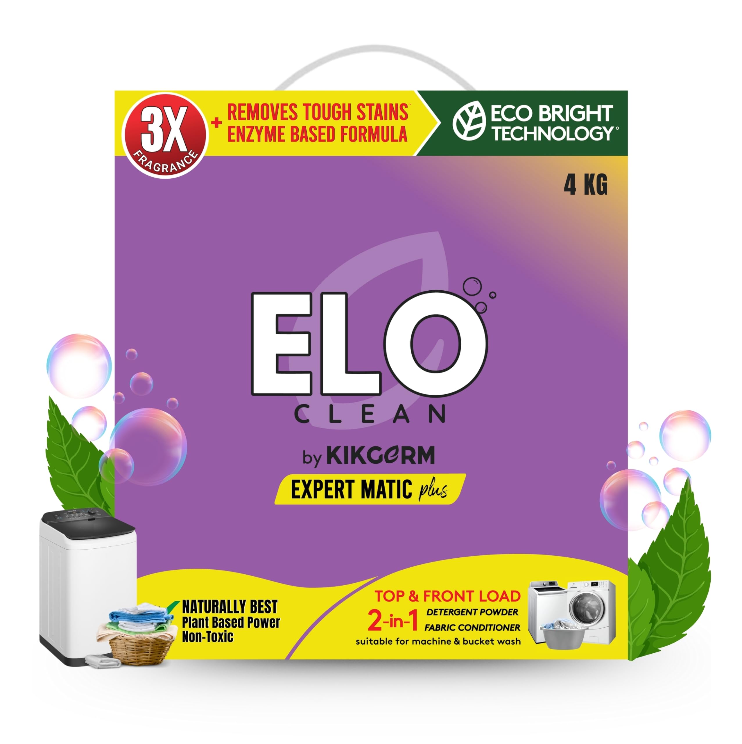 KIKGERM Top & Front Load Detergent Powder With Fabric Conditioner & Softener 2-in-1 For Tough Stain Removal White and Coloured Softer Clothes Plant Based No Harmful Chemicals - 3KG + 1KG (4KG)