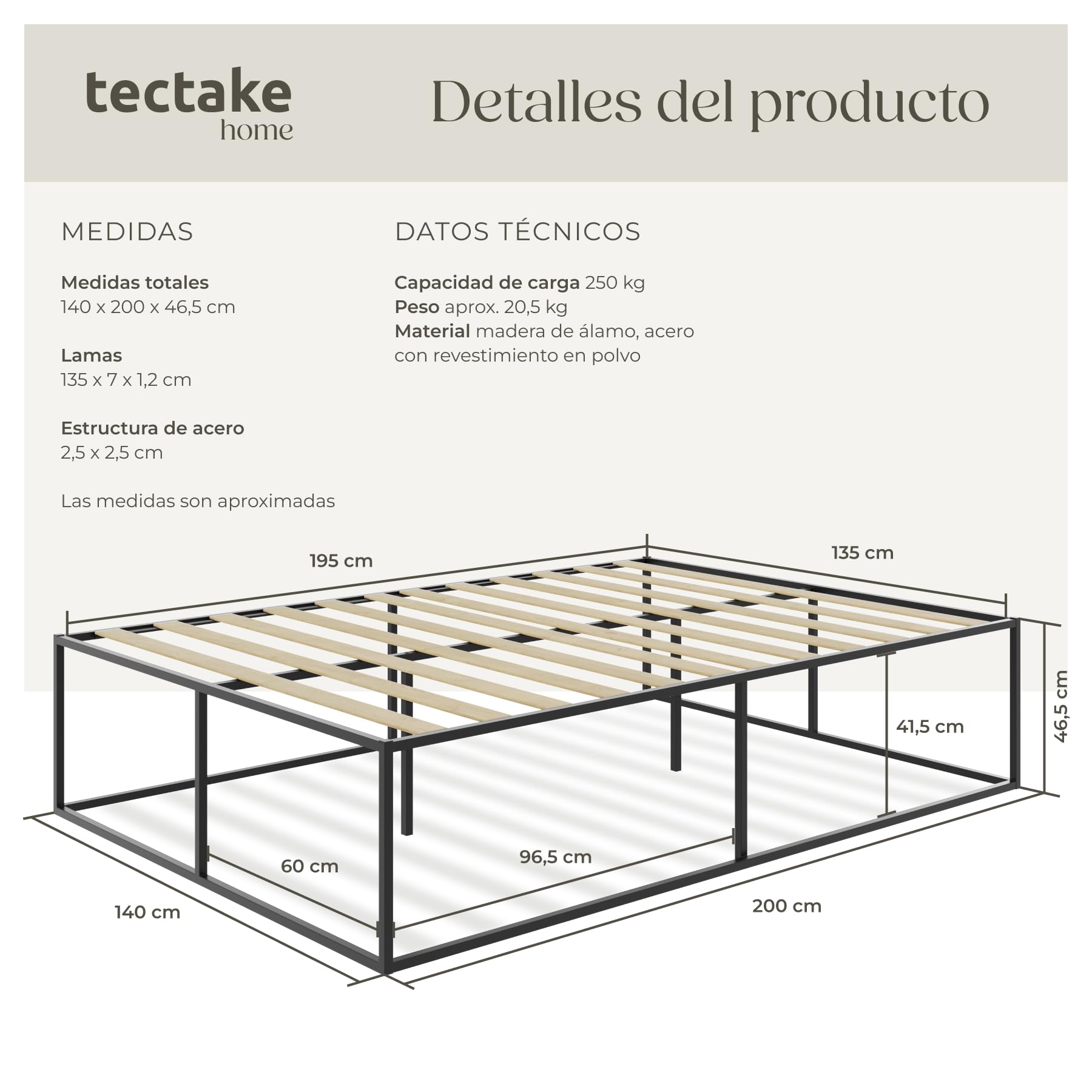 tectake® Cama Matrimonio Metal, Almacenamiento Debajo, Estructura Resistente, Somier Madera de Álamo, Diseño Minimalista, Cama Matrimonio Moderna - 200 x 140 x 46,5 cm