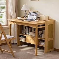 XIMSPHY Bamboo Folding Desk with Bookshelf & Drawer - Space-Saving Foldable Computer Table for Home Office Bedroom Study (Natural, 30.3x27x30.3")