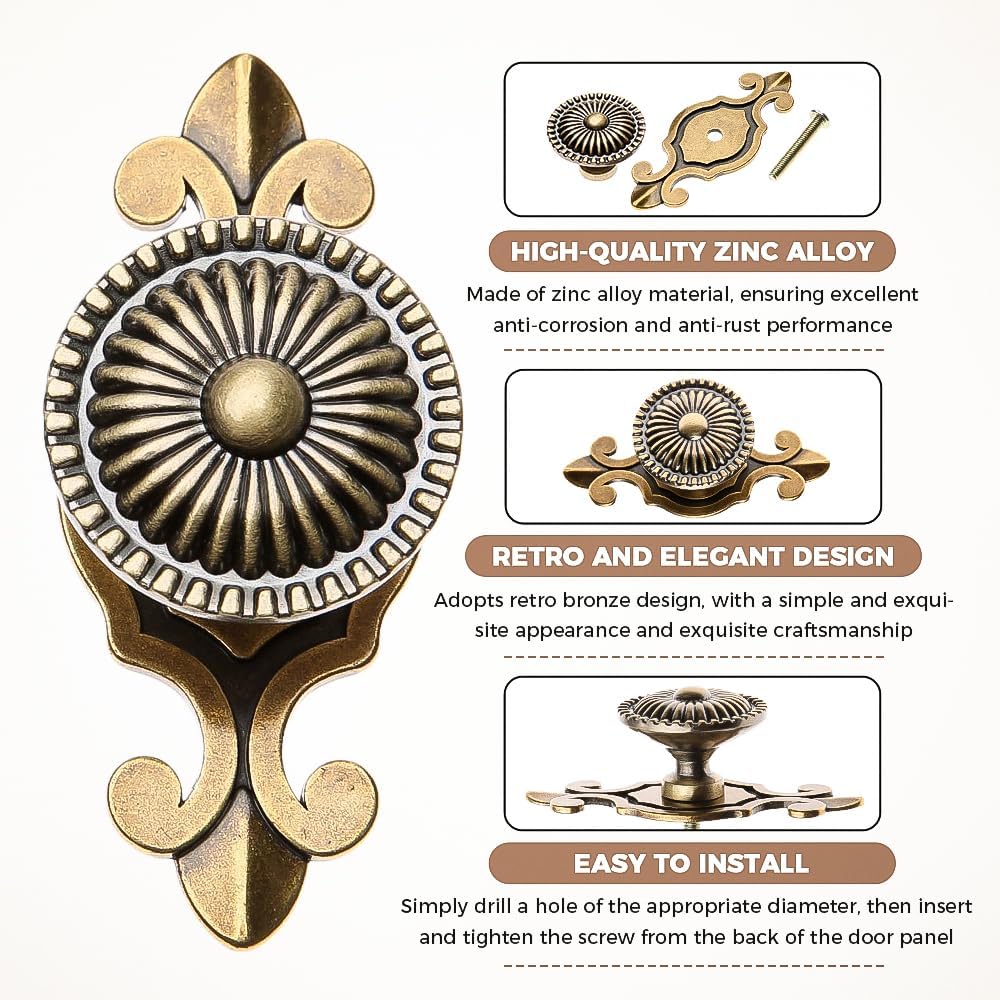 MUXSAM Kitchen Cabinet Knobs Pulls with Backplate, 2 in 1 Retro Round Metal Knob Pull Handle for Antique Dresser Drawer Cabinet Cupboard Wardrobe Door Room Hardware Decoration,5-Pack, Bronze