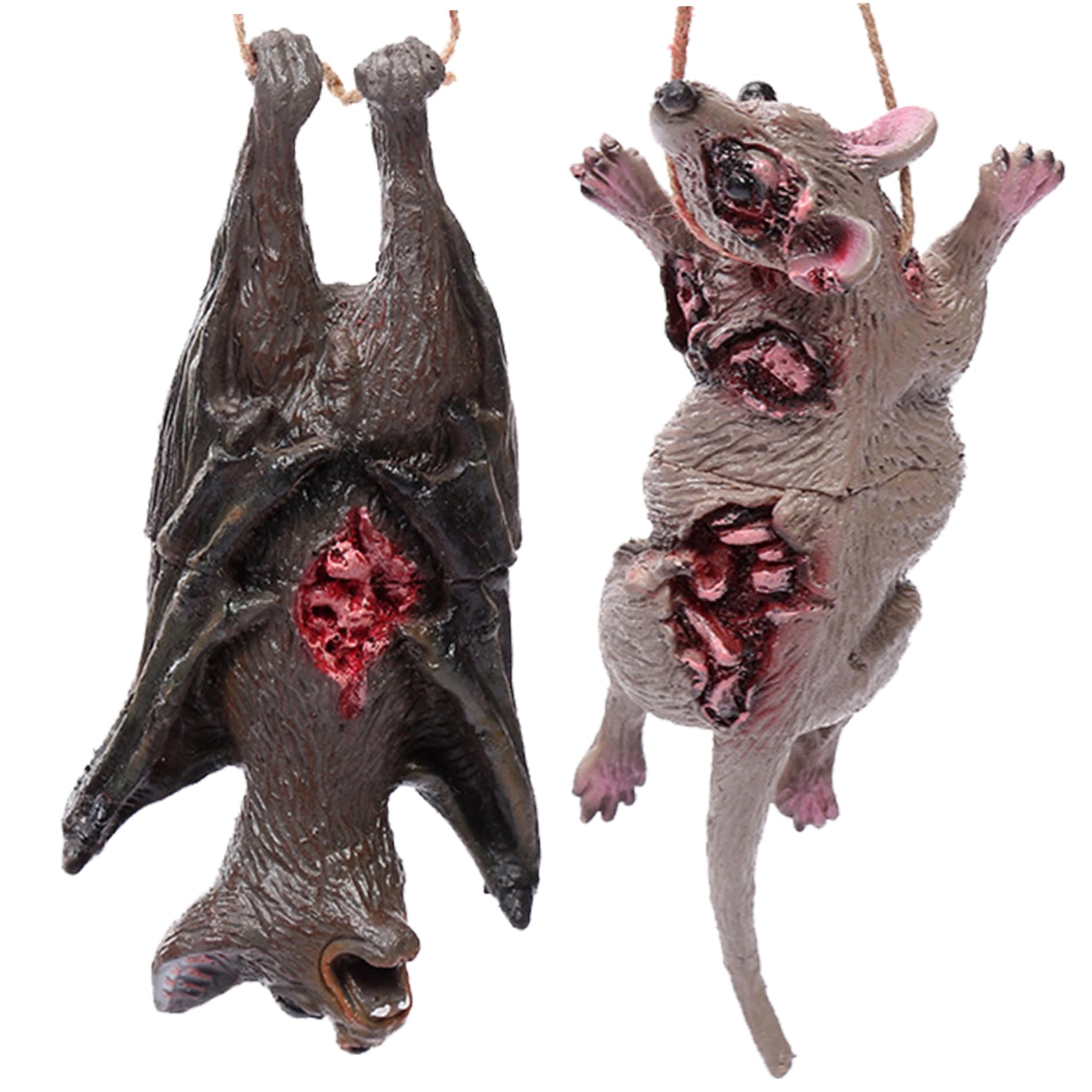Abibiocy 2Pcs Realistic Rat And Bats For Scary Halloween Decorations /Set Hanging Spooky Halloween Bats Horror Fake Rat Prank Prop With Bloody Scar For Haunted House Suppliesbats