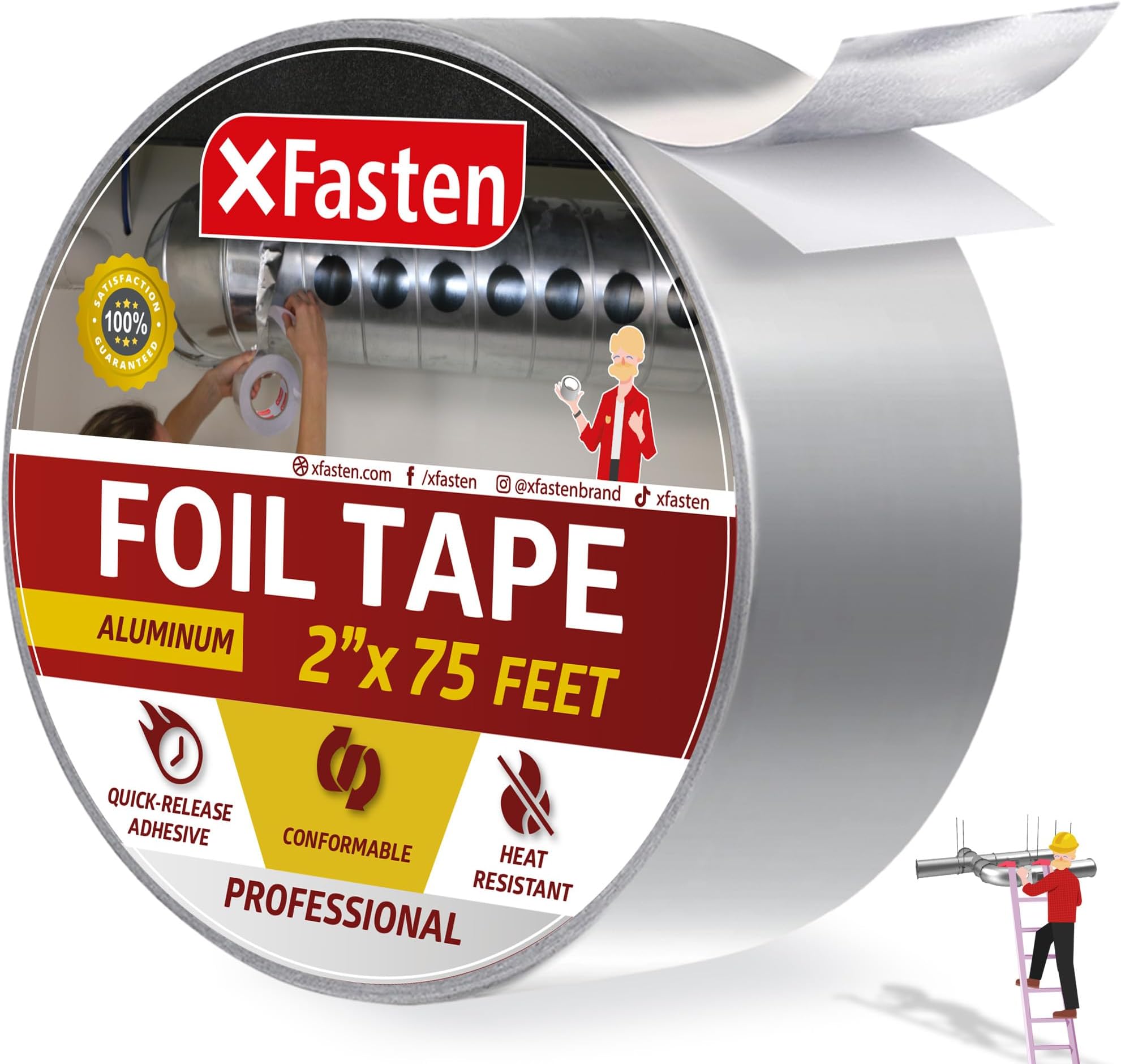 Aluminum Foil Reflective Duct Tape, 2 Inches x 75 Feet, 3.6 mil, High Temp and Heavy Duty Metal Aluminum HVAC Tape for Duct Work, Furnace, AC Units and metalworks