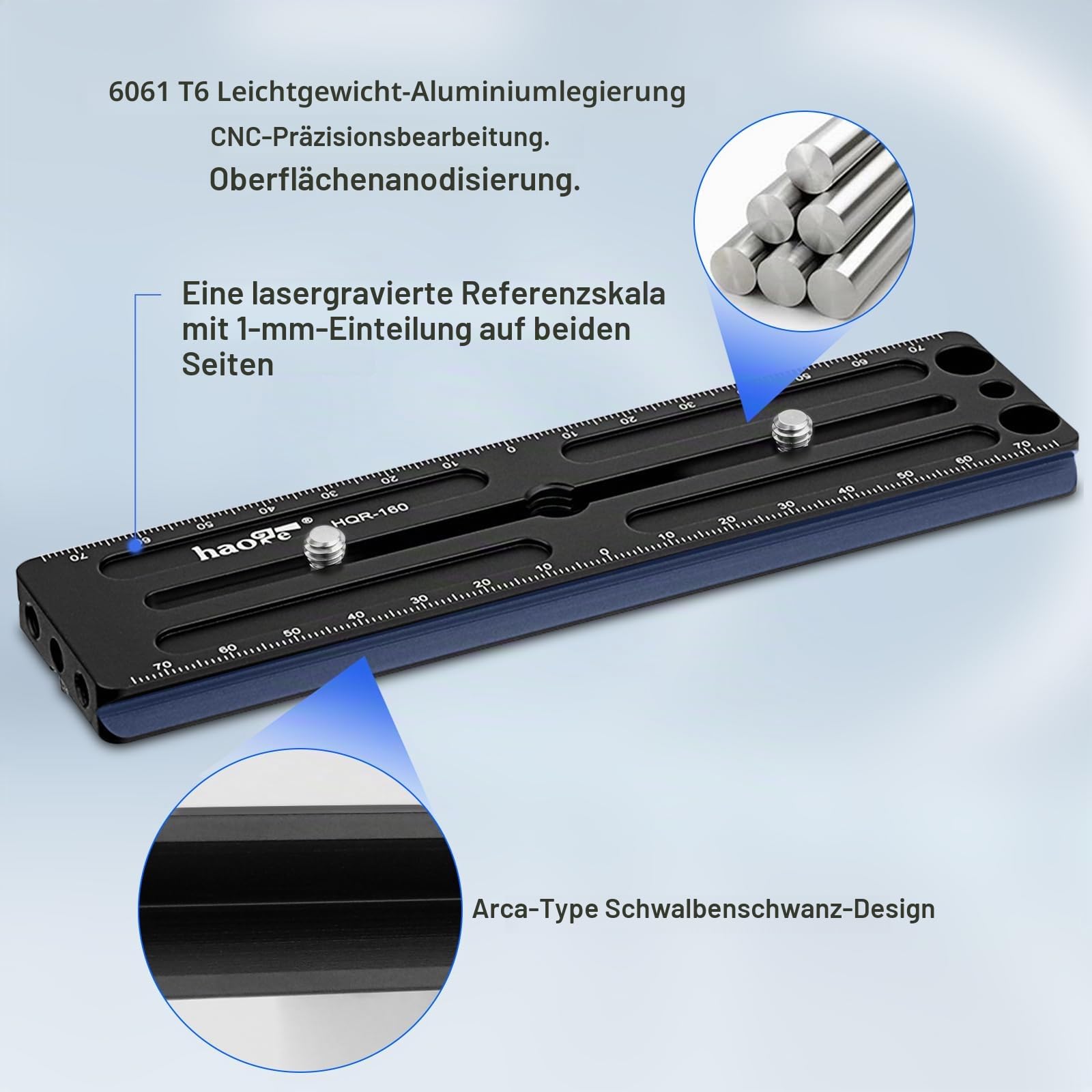Haoge HQR-160 160 mm Mehrzweck-Verlängerungsschiene, lange Schnellspannung, Schiebeplatte für Kamerastativ, Kugelkopf-Klemme, passend für RRS Benro Arca Swiss Sunwayfoto