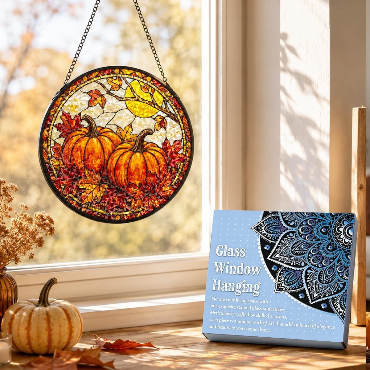Fall Stained Glass Window Hanging, Pumpkin & Maple Leaf Suncatcher for Windows, Diamond Glass Panel with Hanging Chain, Autumn Seasonal Home Decor for Living Room Kitchen Door, 8 x 8 inch