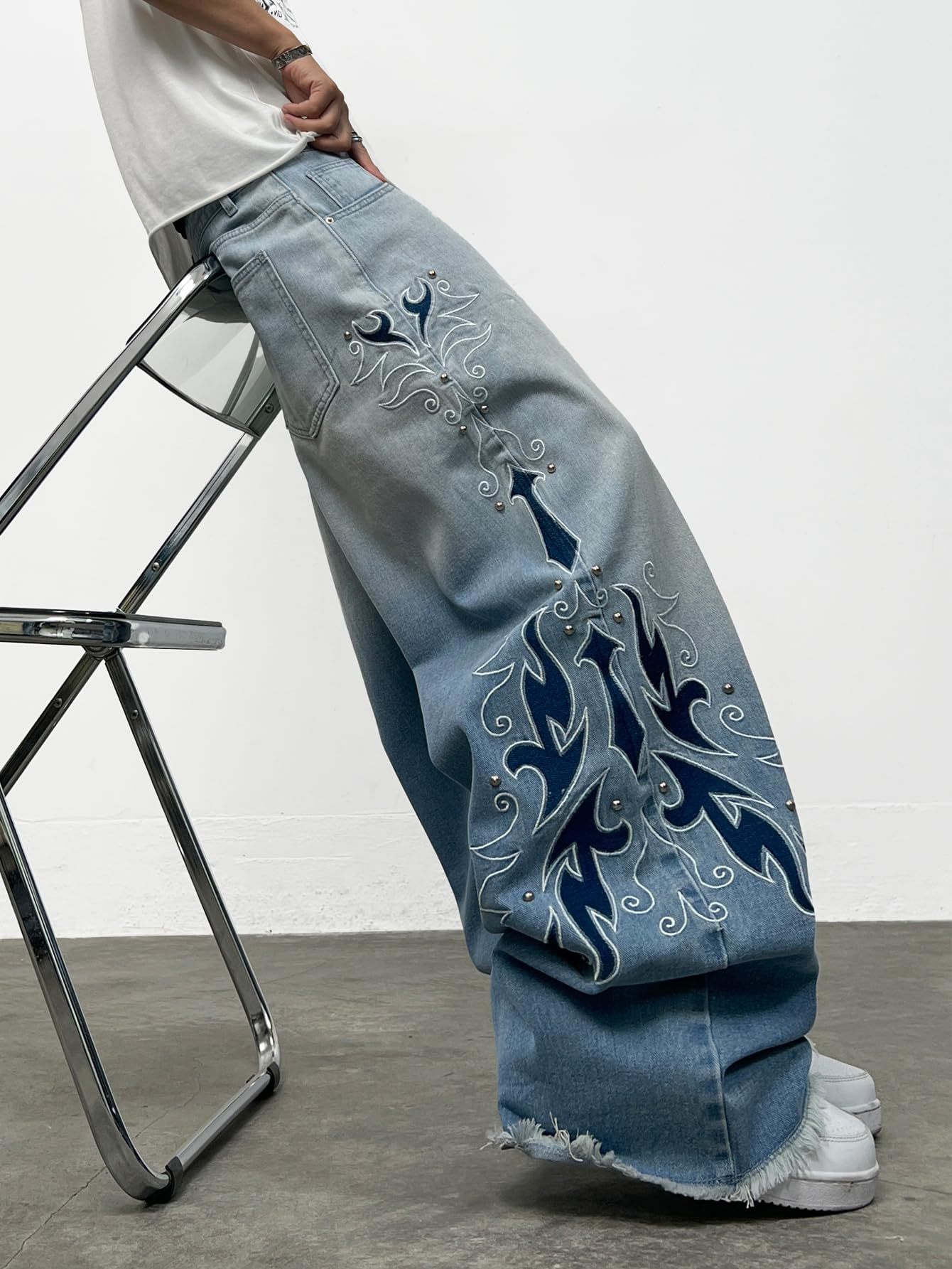 Jeans Baggy Bordados con Piernas Anchas para Hombre, Corte Casual, Estilo 2000, Streetwear