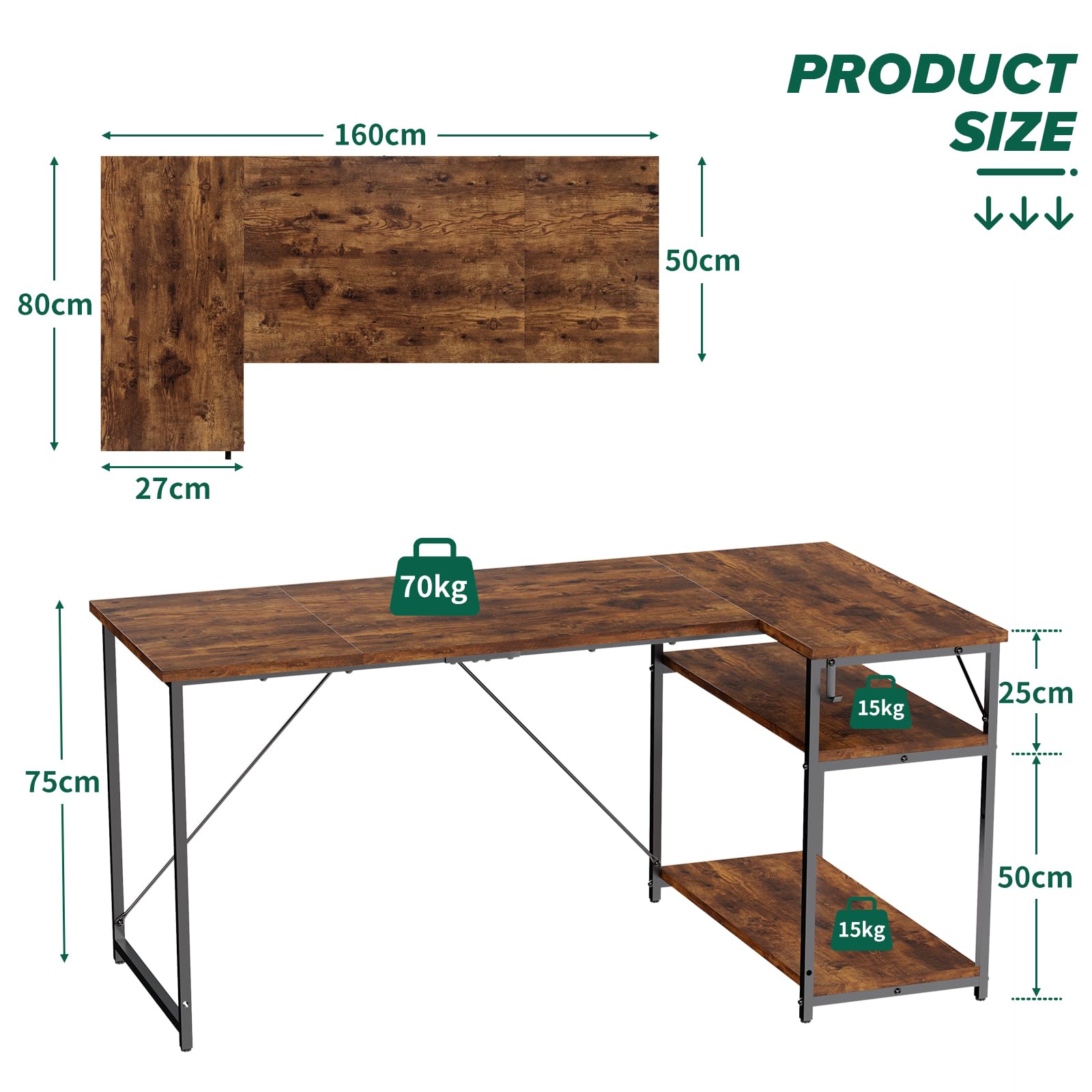 TRIUMPHKEY Scrivania ad Angolo Reversibile 160 x 80cm, Scrivania a Forma di L con Ripiani,Tavolo da Lavoro,Struttura in Acciaio, per Computer, Ufficio, Studio and Soggiorno, Marrone rustico