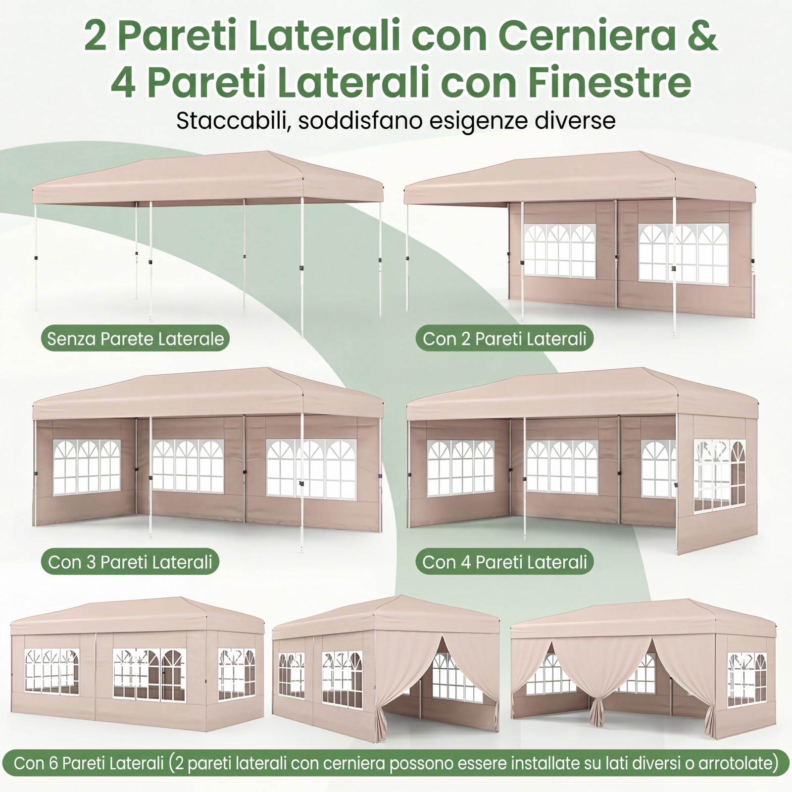 COSTWAY Gazebo da Esterno Pieghevole 3 x 6 m, Gazebo Resistente e Robusto, Tendone Regolabile in Altezza con Pareti Laterali, 6 Sacchi di Sabbia e Borsa, per Feste, Campeggio e Fiere (Beige)