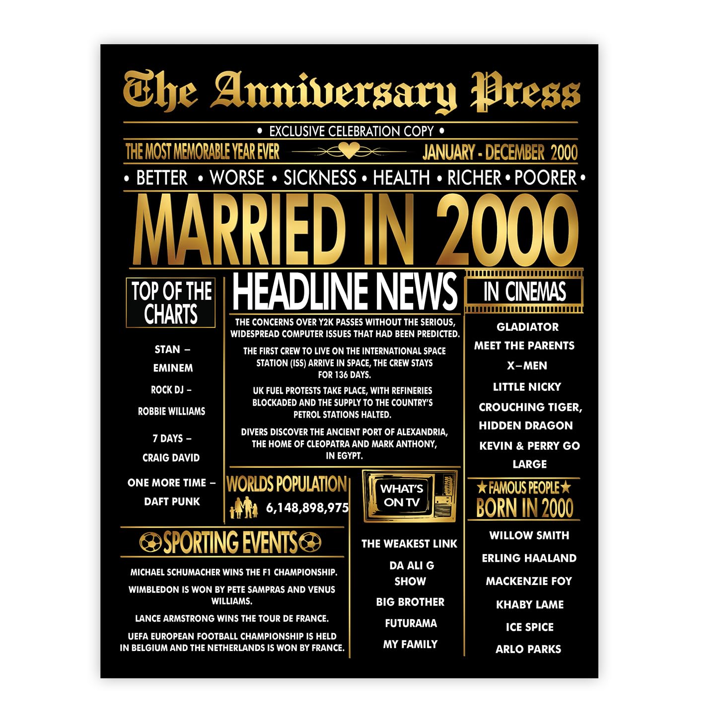 Stuff4 Gold 26th Anniversary Poster Unframed - Golden Married In 2000 Newspaper - 26 Wedding Anniversary for Men Women Vintage Gifts Back In 2000, 8x10 Inch Anniversaries Posters