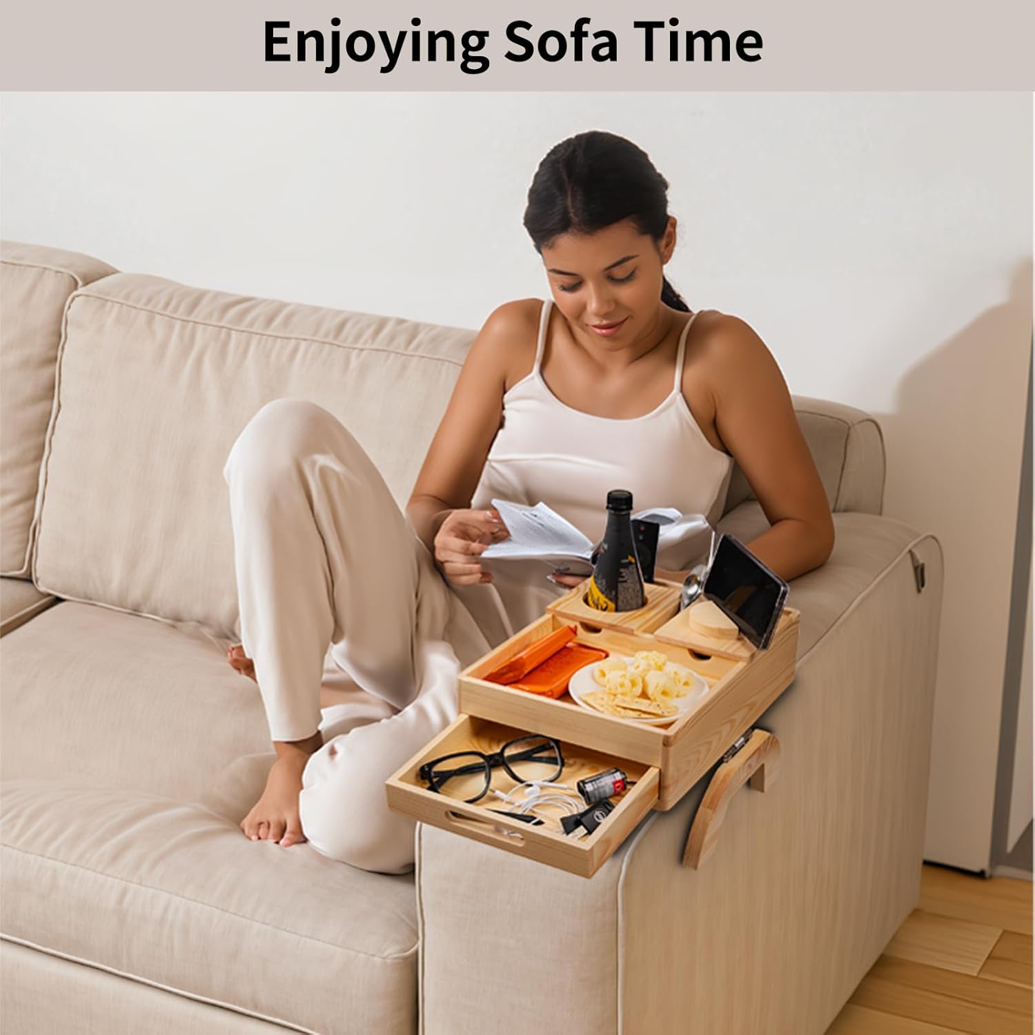 FrutPunch Couch Cup Holder Tray, 6-in-1 Couch Arm Tray, Couch Armrest Table with Drawer for Organizing and Storing Small Items, 360° Rotating Phone Holder for Placing Drinks, Books, Snacks.