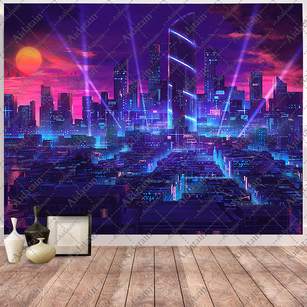 Aidatain Cityscape Tapestry Punk Nightscape Game Wall Hanging Tapestries Flannel Large Size 100" 90" for Bedroom Livingroom Dorm Room GTCCAT377